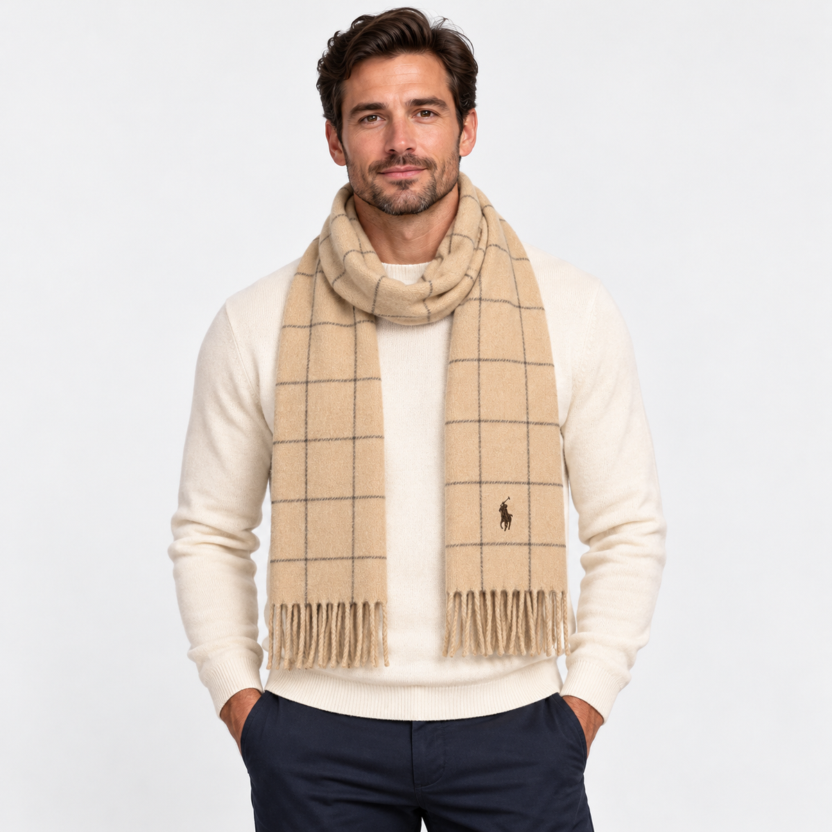 Polo Ralph Lauren men's reversible check wool-blend scarf camel