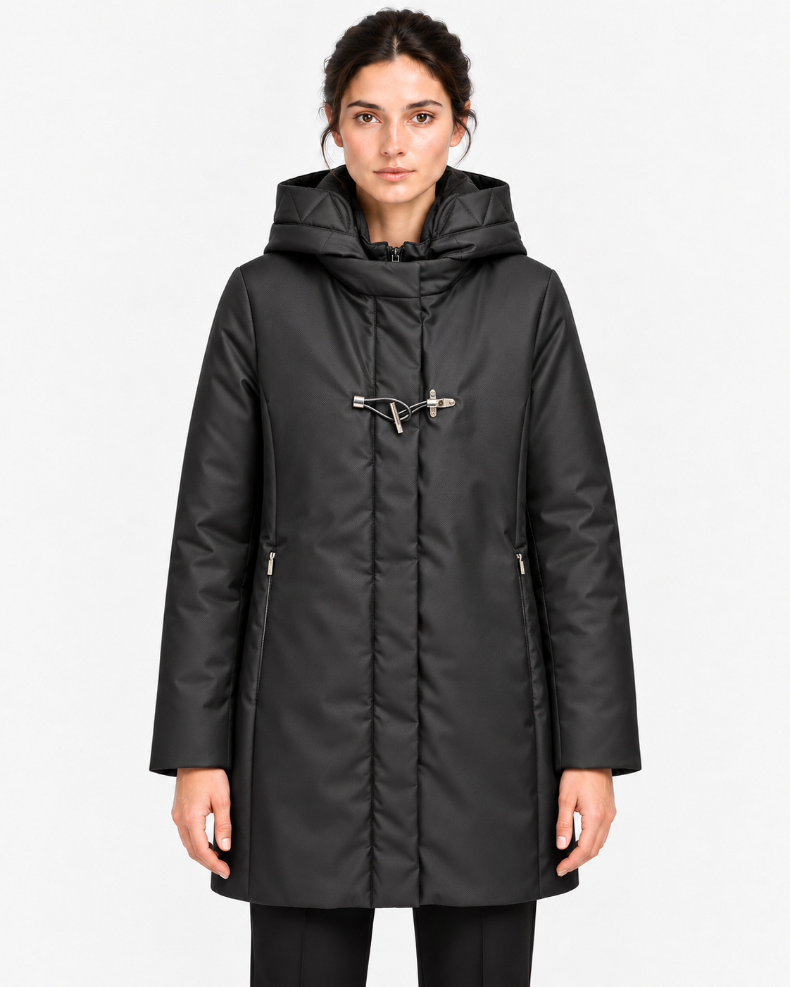 Fay Toggle Coat Donna Nero in Gabardine Tecnico con Cappuccio