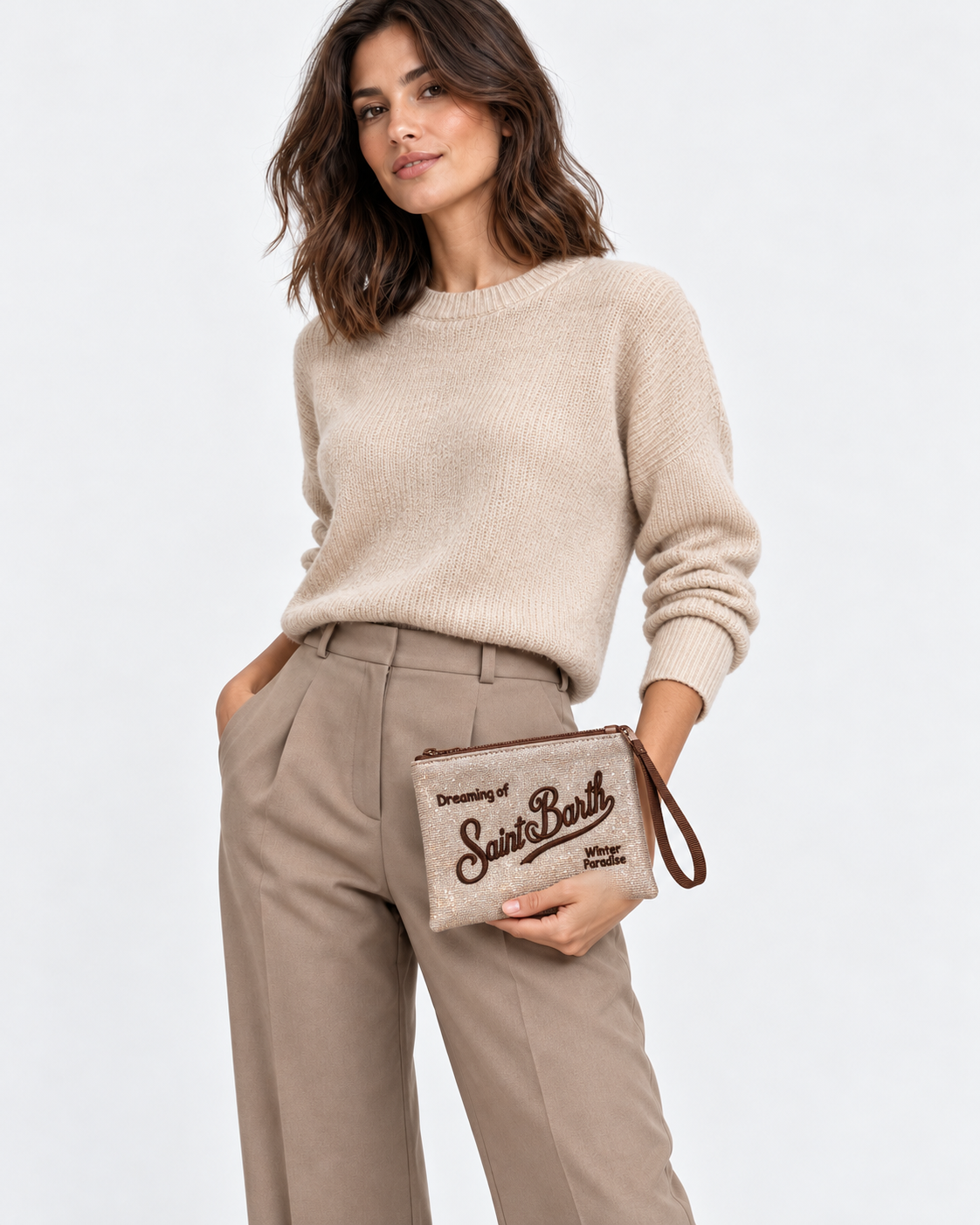 MC2 Saint Barth Pochette Donna Aline Lurex Beige con Ricamo Marrone