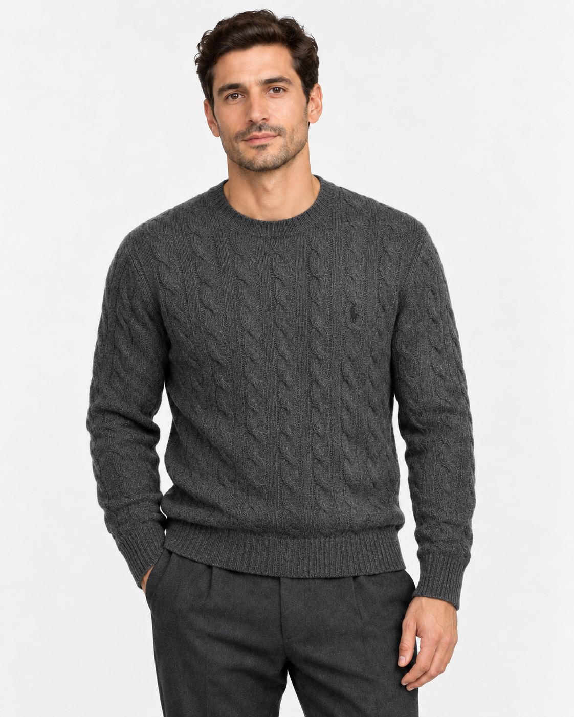Polo Ralph Lauren Maglia Uomo a Trecce Antracite in Lana e Cashmere