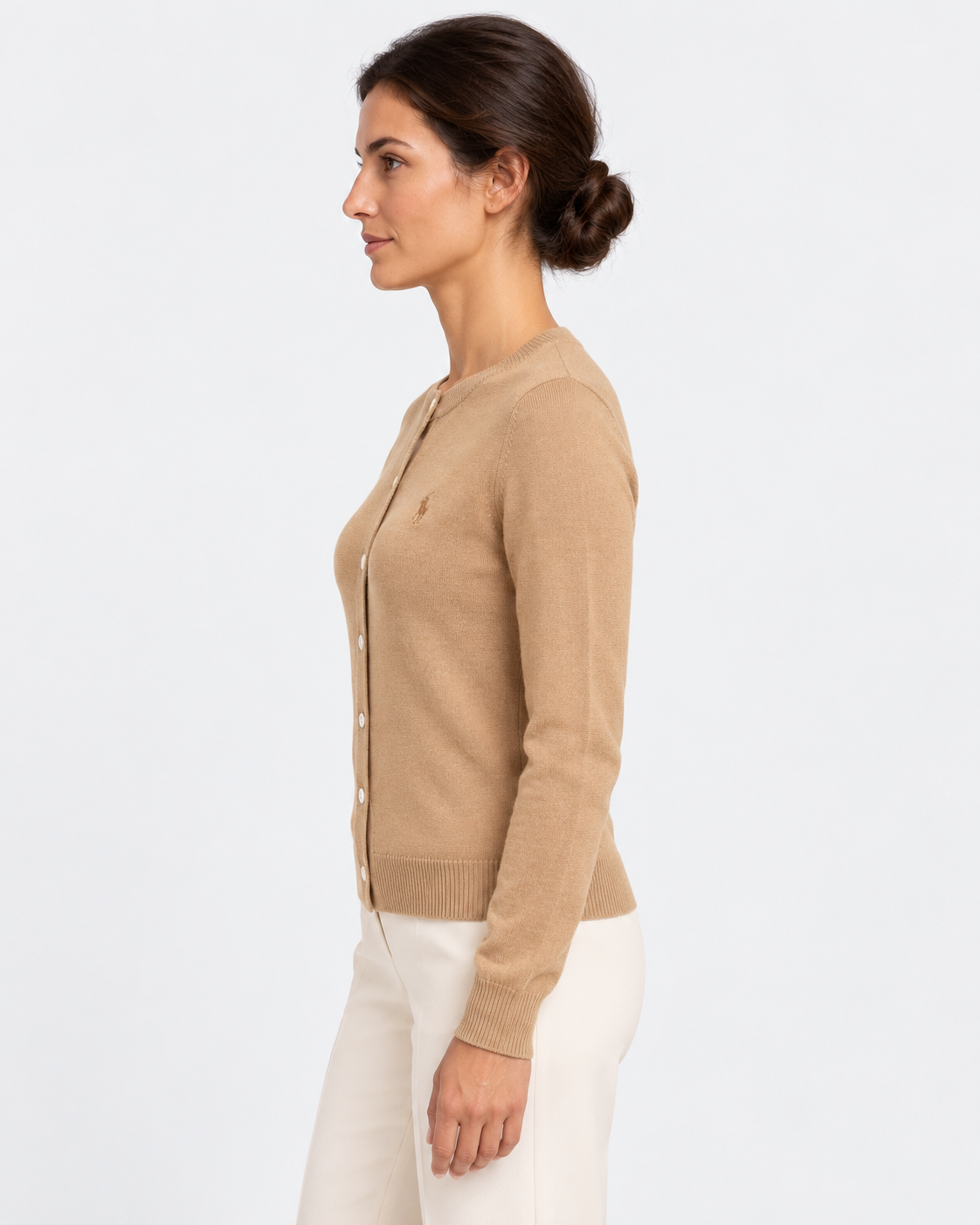 Polo Ralph Lauren Cardigan Donna Girocollo in Lana Cammello
