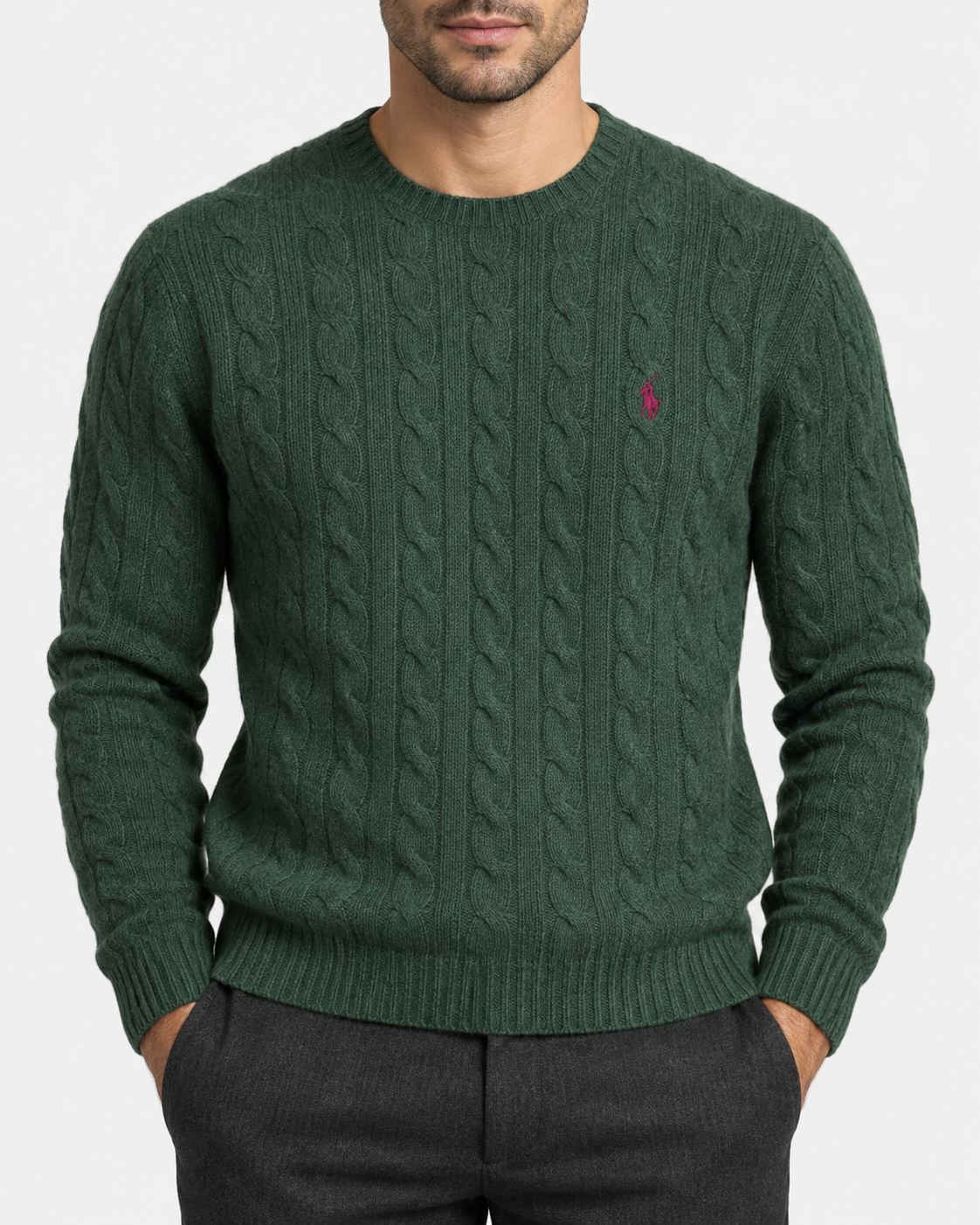 Polo Ralph Lauren Maglia Uomo Verde a Trecce in Lana e Cashmere