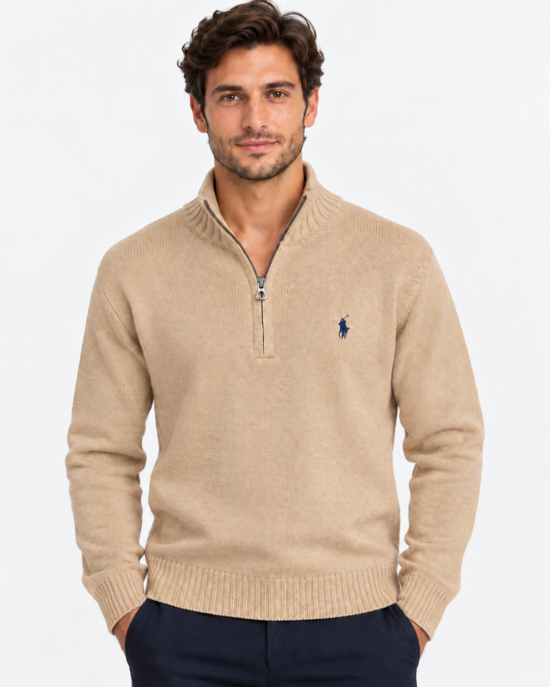 Polo Ralph Lauren Maglione Uomo Mezza Zip in Cotone Brown