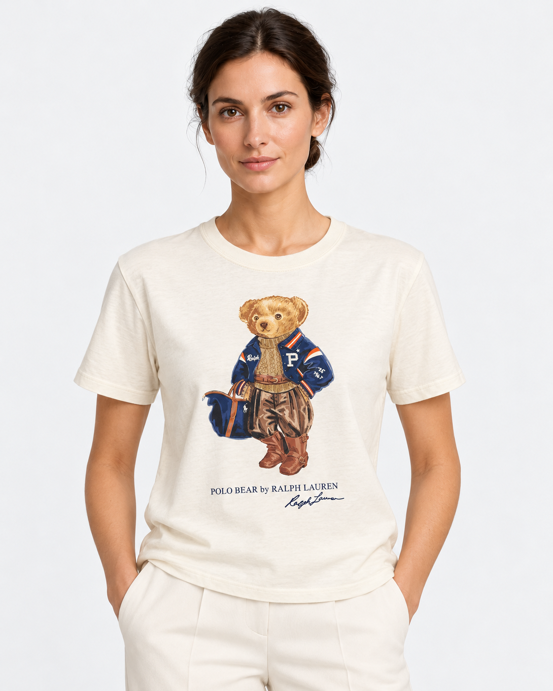 Polo Ralph Lauren T-shirt Donna Polo Bear in Cotone Avorio