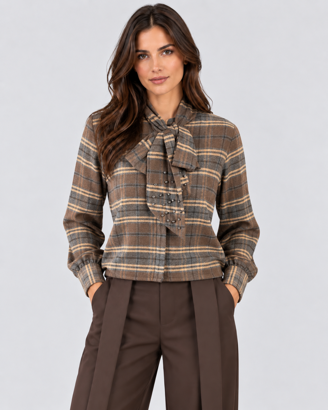 Dixie camicia donna tartan marrone con fiocco e borchie