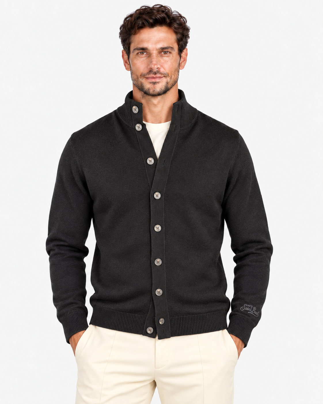 MC2 Saint Barth Cardigan Uomo Black in Lana Merinos Extrafine