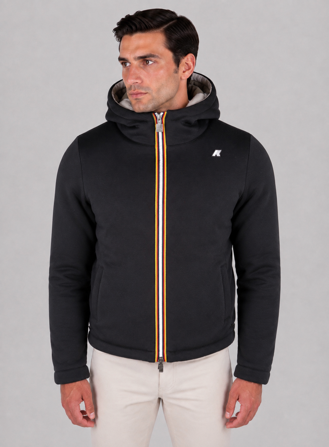 K-Way Giacca Uomo Jack light spancer fur double Reversibile con Cappuccio BLACK PURE-FUR