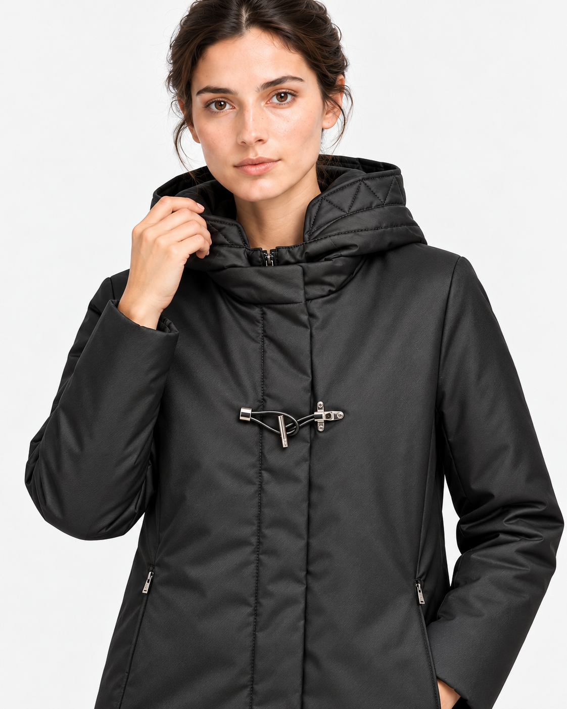 Fay Toggle Coat Donna Nero in Gabardine Tecnico con Cappuccio