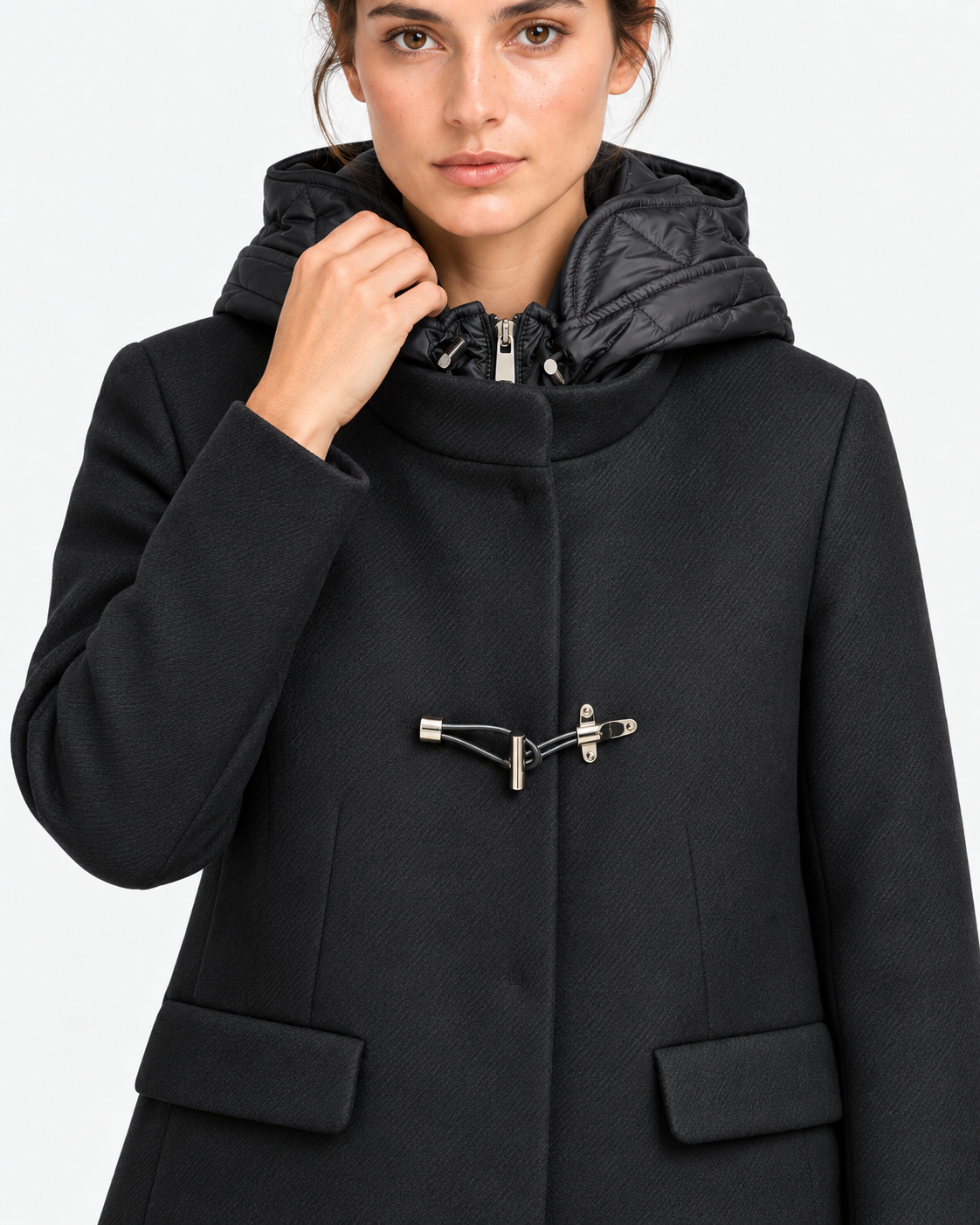 Fay Toggle Coat Donna Nero in Lana e Cashmere con Cappuccio