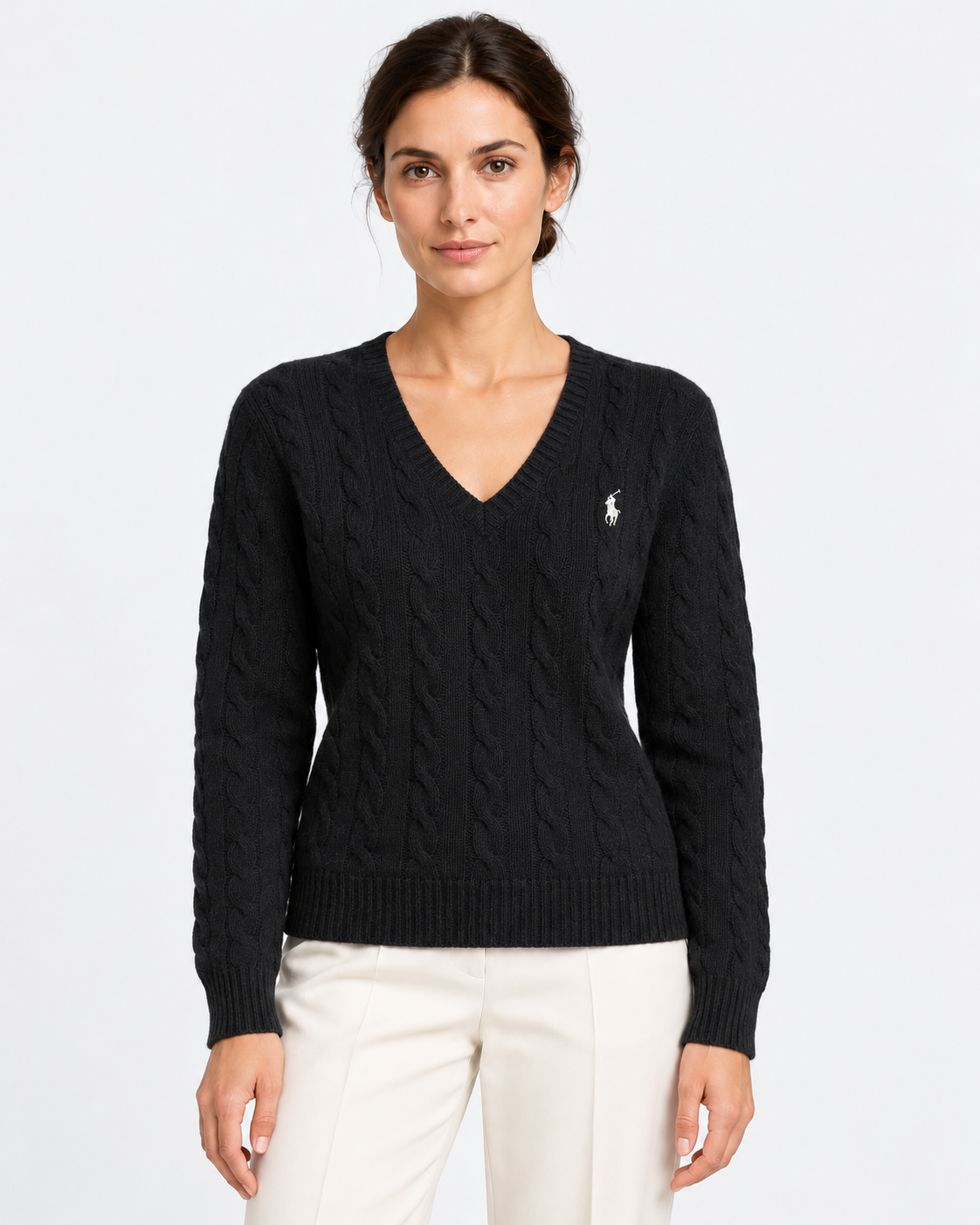 Maglione a collo a V in lana e cashmere a trecce