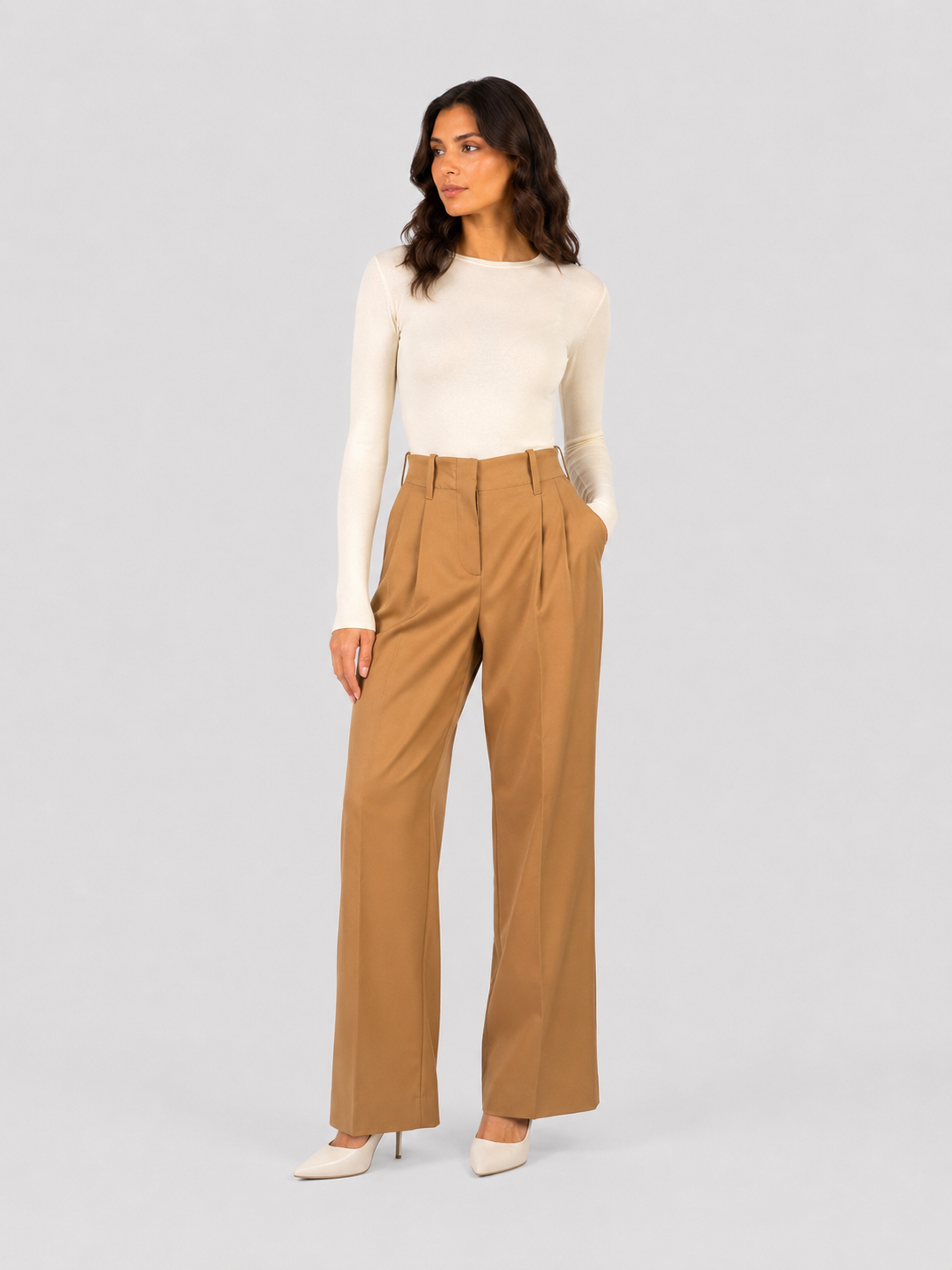 Herno Pantalone Donna Wide Leg Cammello con Pince