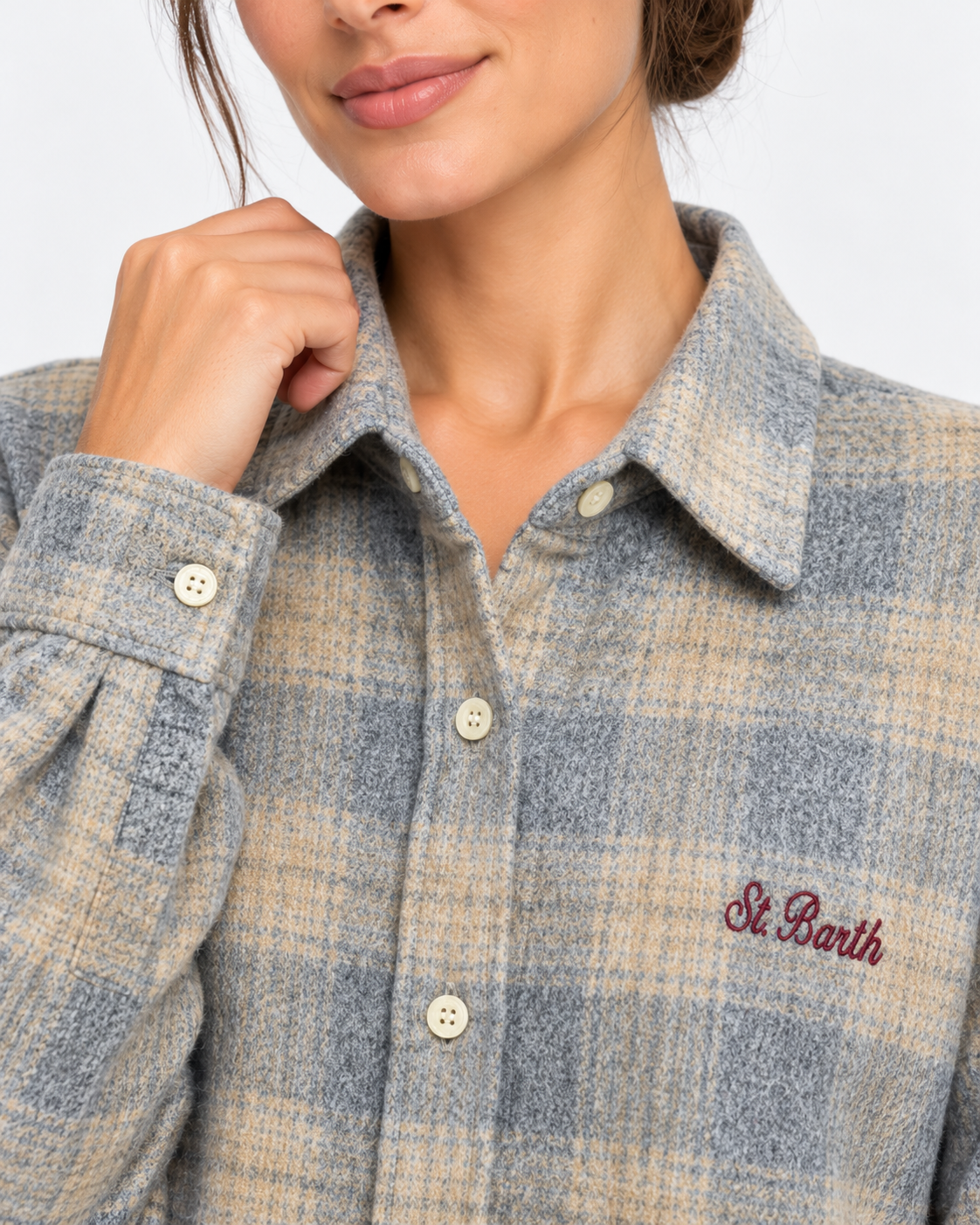 MC2 Saint Barth Camicia Donna Lully Snoopy Tartan Grigio e Beige