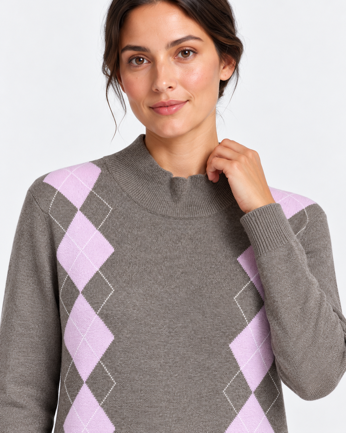 Gran Sasso Maglia Lupetto Donna Tortora a Rombi in Lana e Cashmere