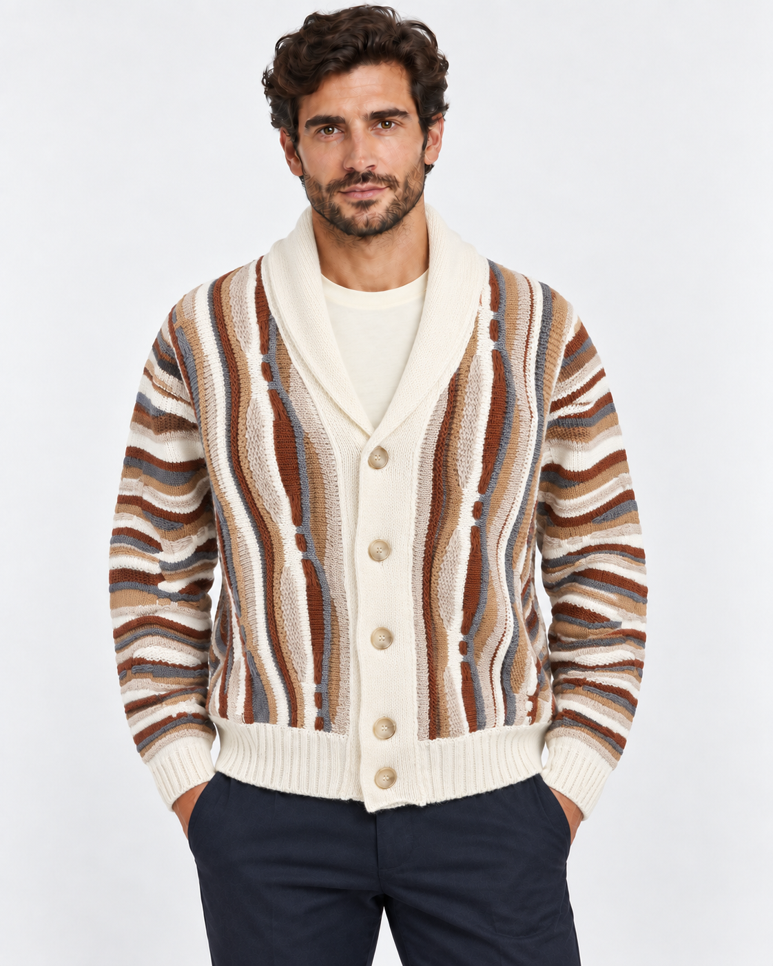 Lorenzoni Cardigan uomo fantasia panna con collo a scialle