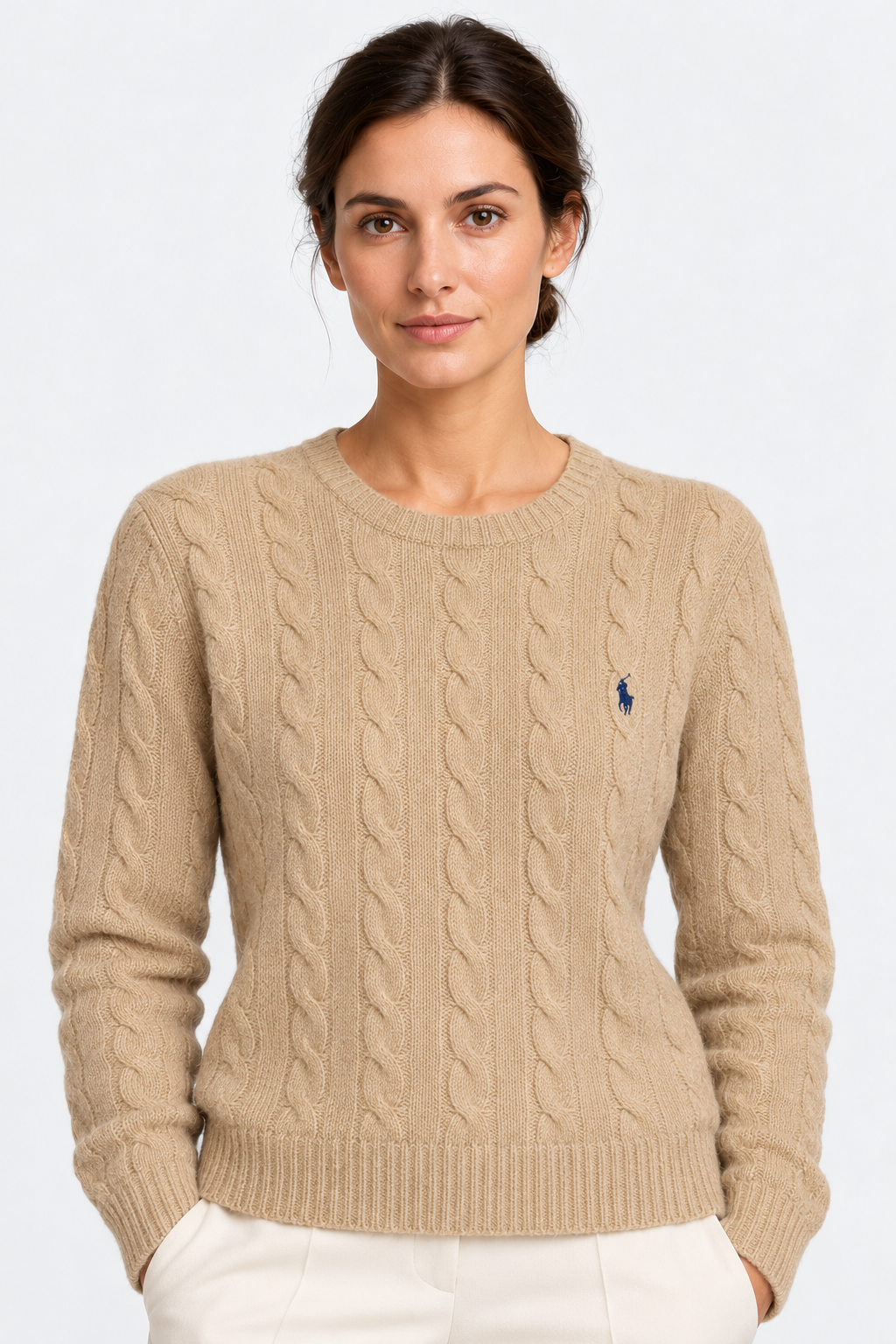 Camel cable-knit wool and cashmere crew neck