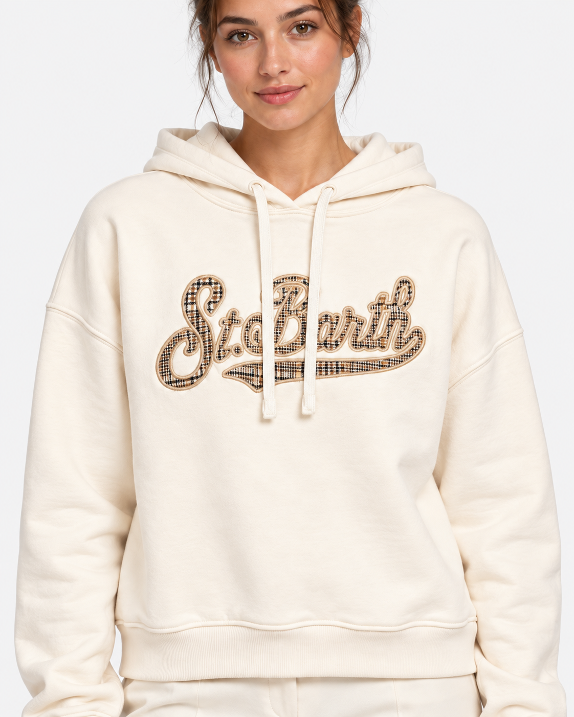 MC2 Saint Barth Felpa Donna con Cappuccio in Cotone Panna e Logo Check
