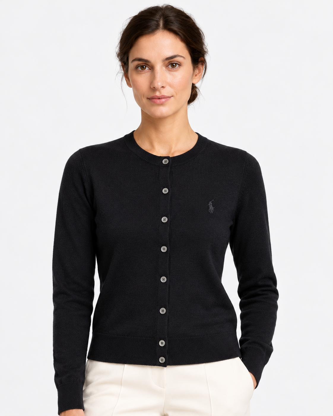 Polo Ralph Lauren Cardigan Donna Girocollo in Lana Nero