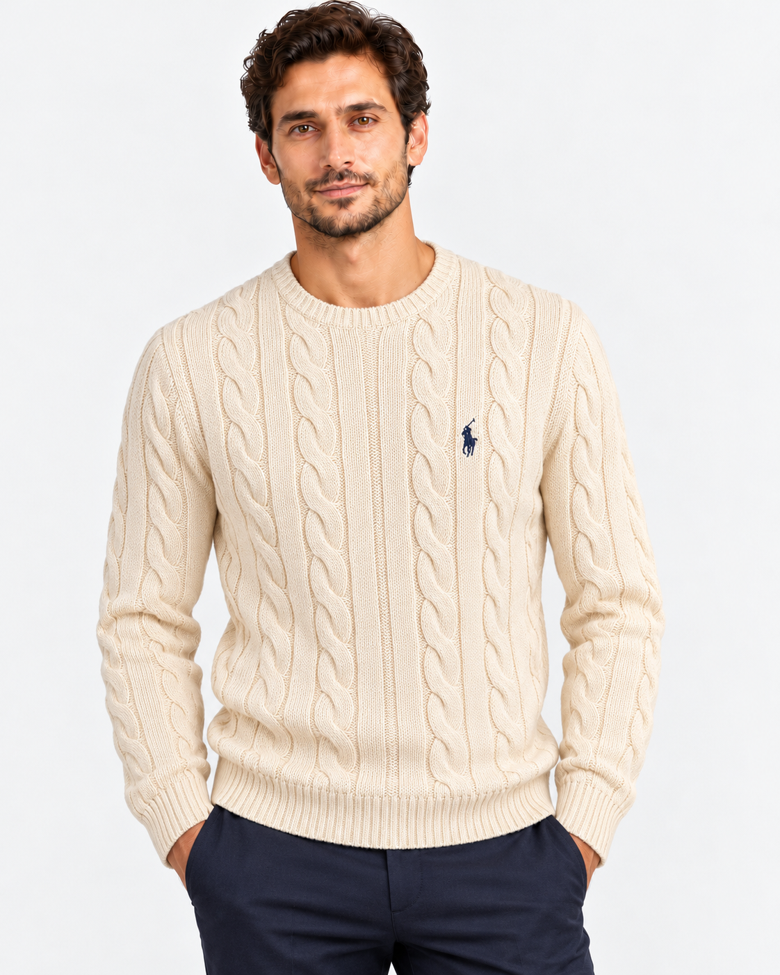 Polo Ralph Lauren Maglione Uomo in Cotone a Trecce Cream