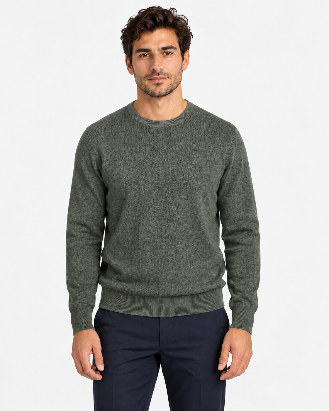Military green extra-fine merino wool crew neck sweater