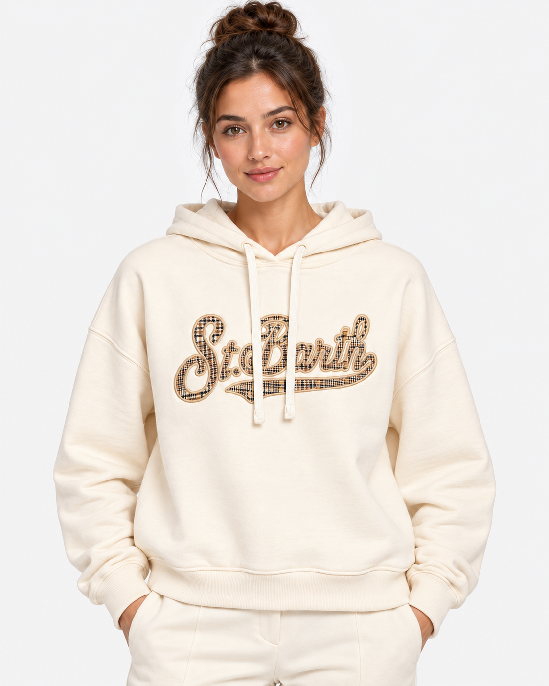 MC2 Saint Barth Felpa Donna con Cappuccio in Cotone Panna e Logo Check