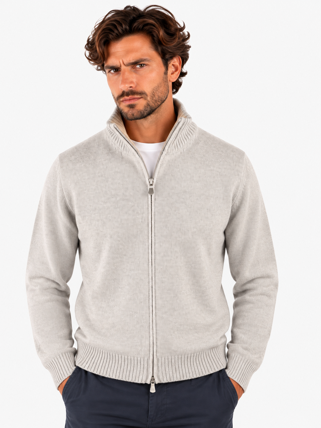 Gran Sasso Full zip uomo in cashmere grigio chiaro