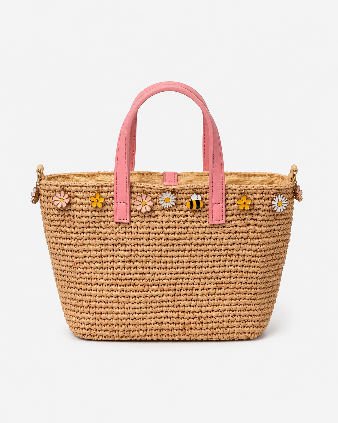 Borsa City mini in raffia con charms applicati e logo ricamato