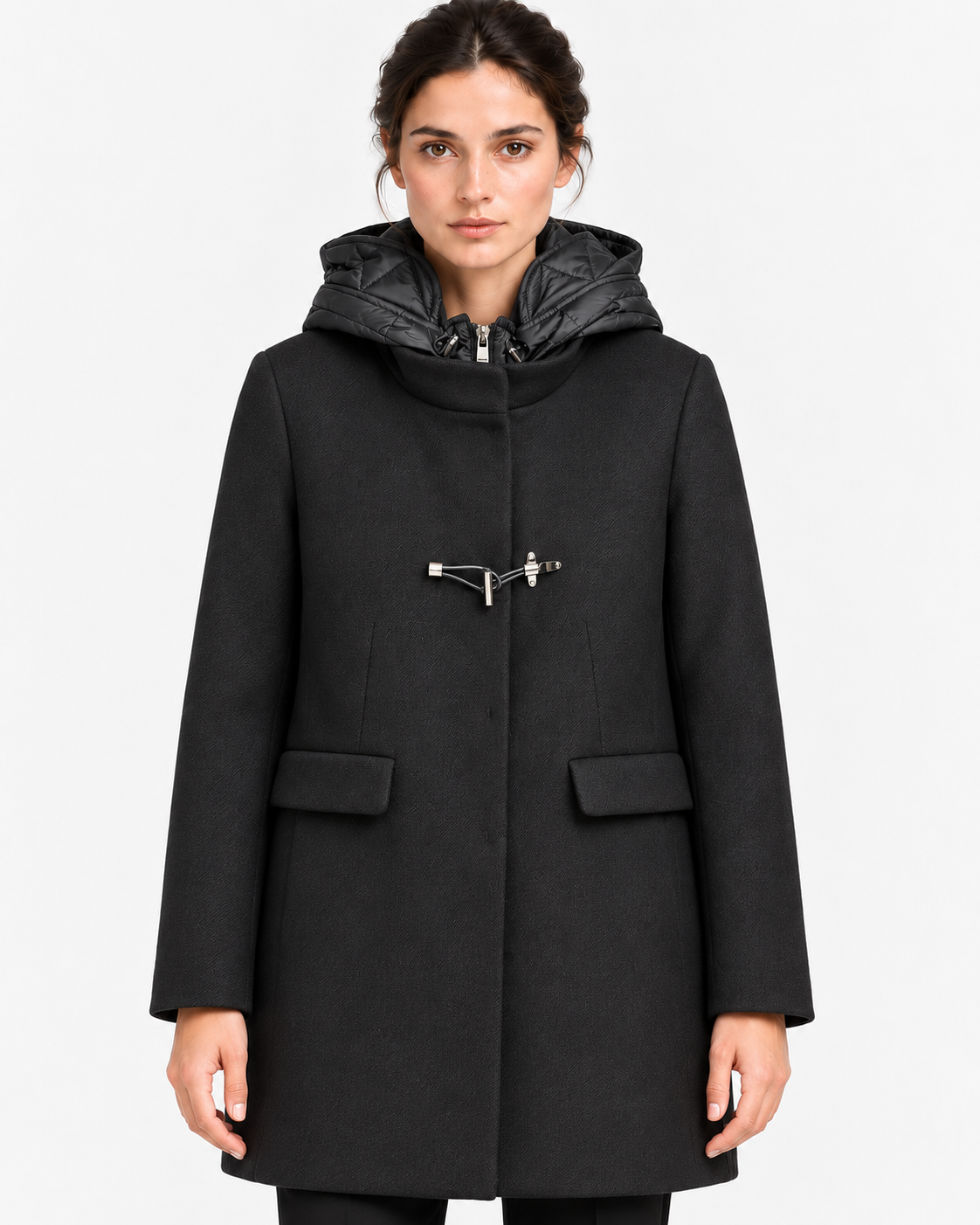 Fay Toggle Coat Donna Nero in Lana e Cashmere con Cappuccio