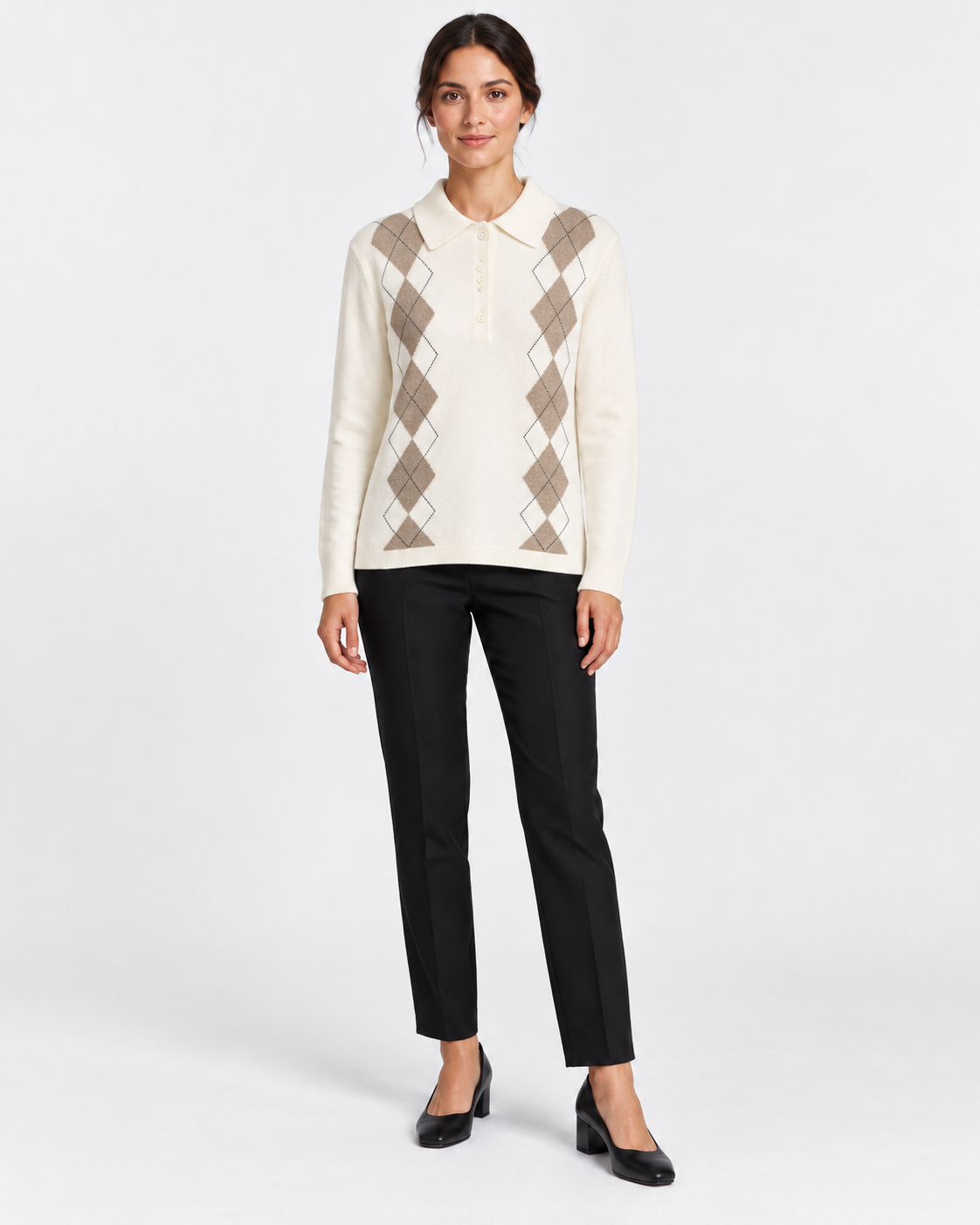 Gran Sasso Polo Donna Panna a Rombi in Lana e Cashmere