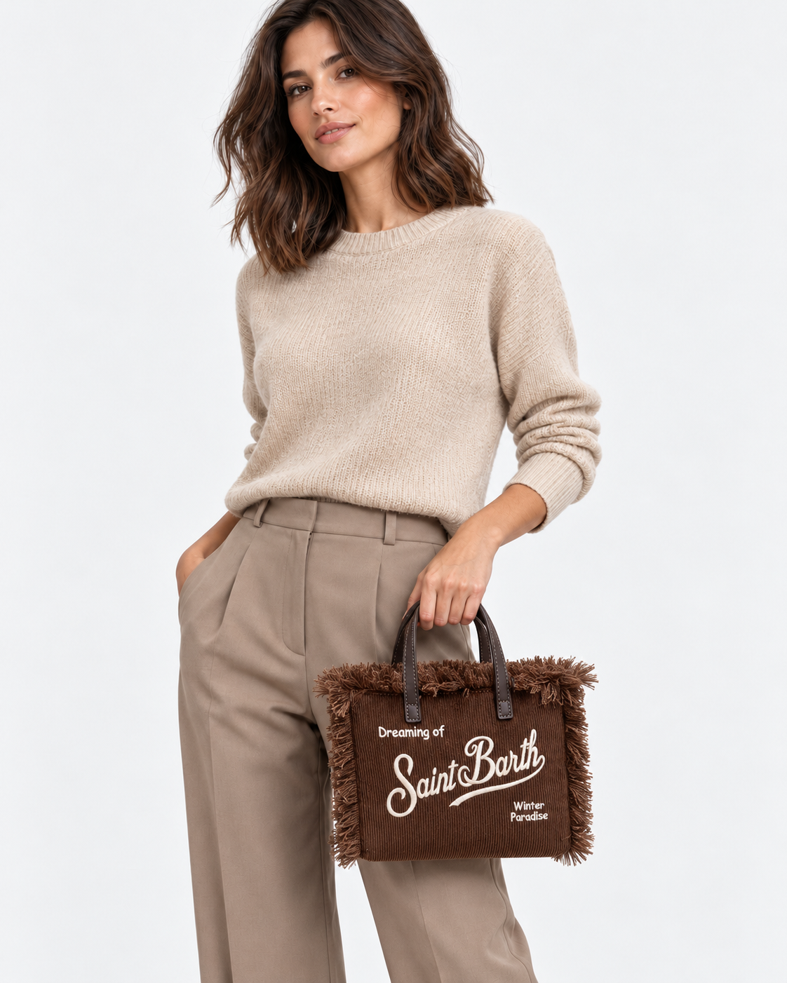 MC2 Saint Barth Borsa Donna Vanity Mini in Velluto a Coste Marrone con Tracolla