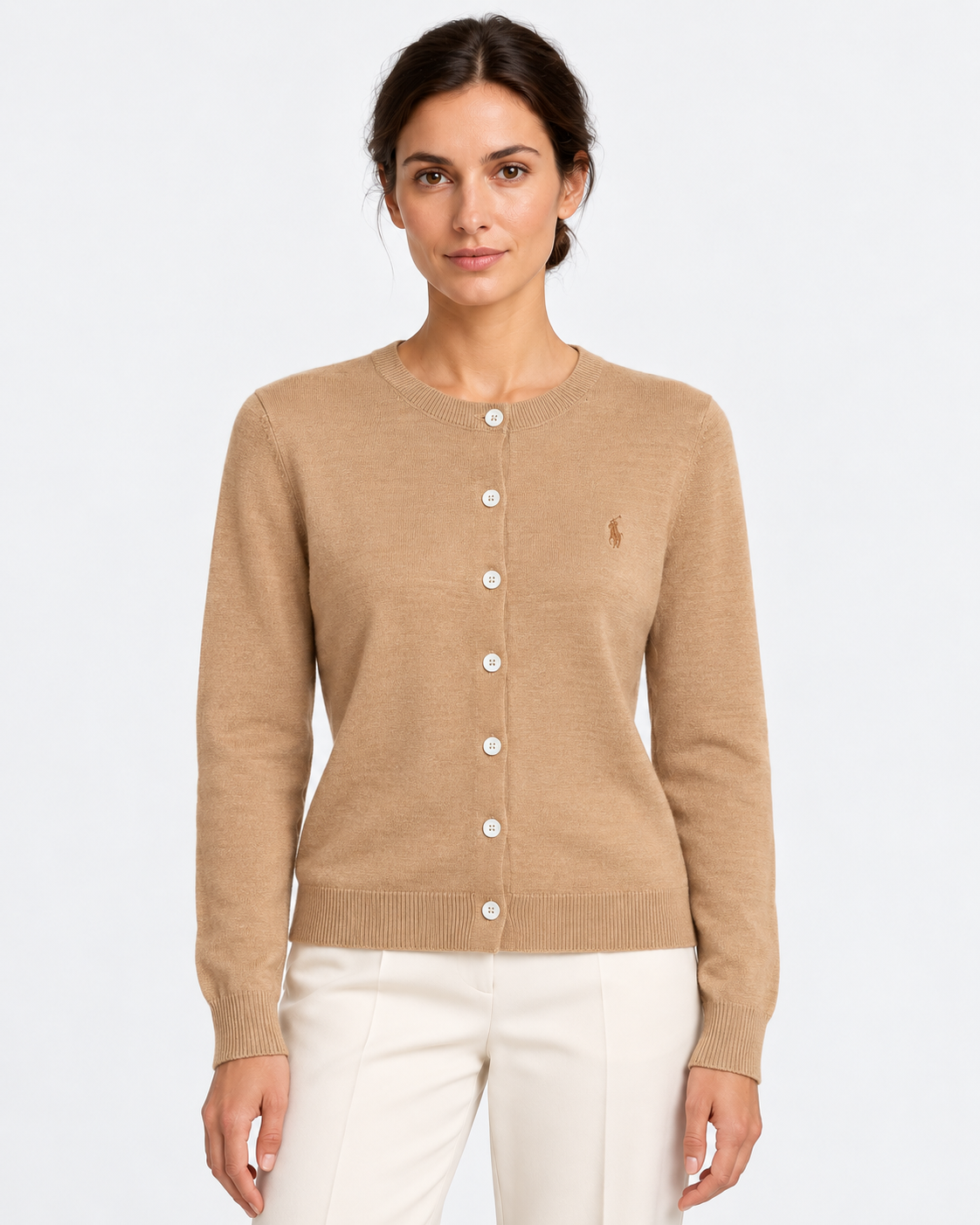 Polo Ralph Lauren Cardigan Donna Girocollo in Lana Cammello