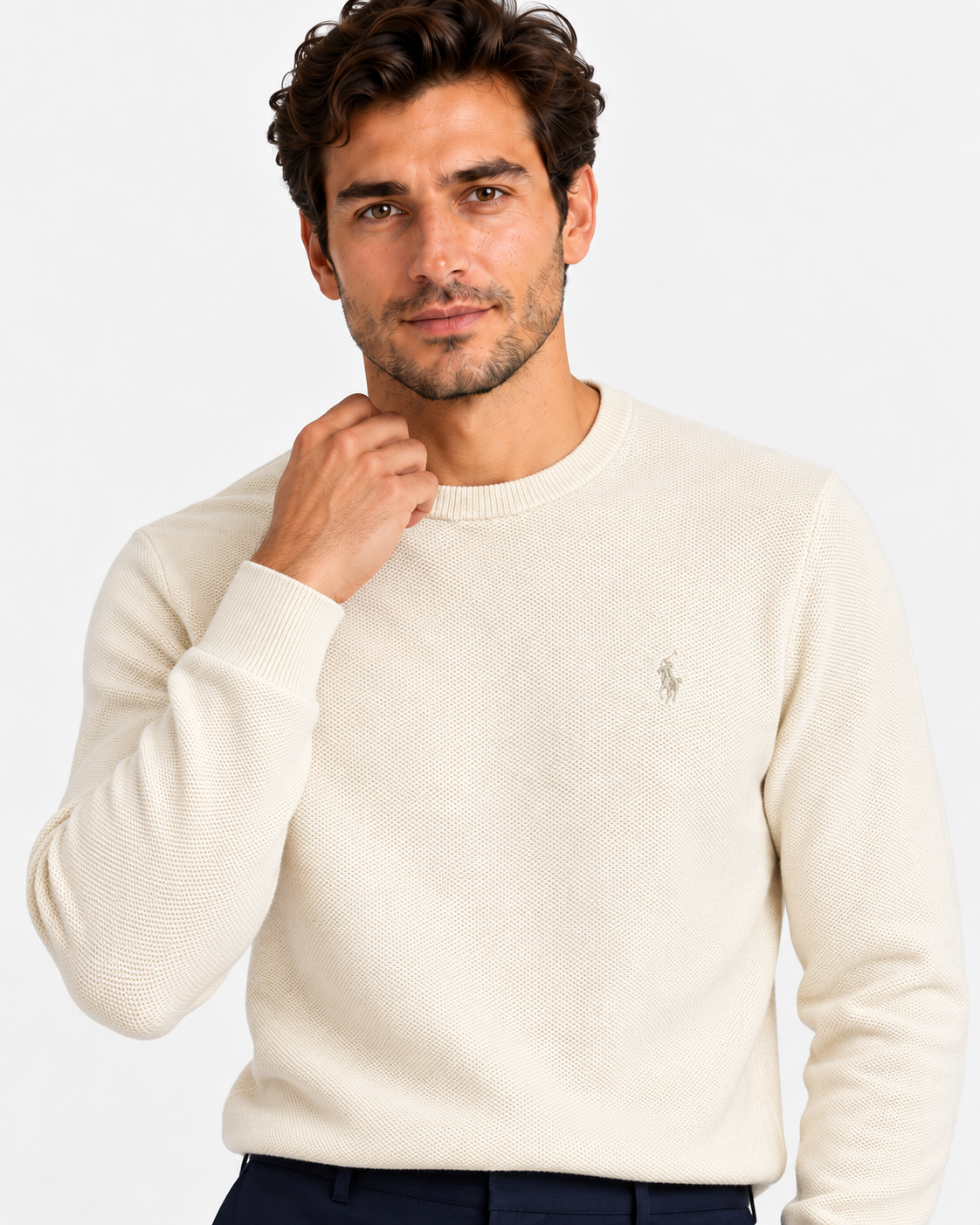 Polo Ralph Lauren Maglione Uomo Girocollo in Cotone Nido d’Ape Panna