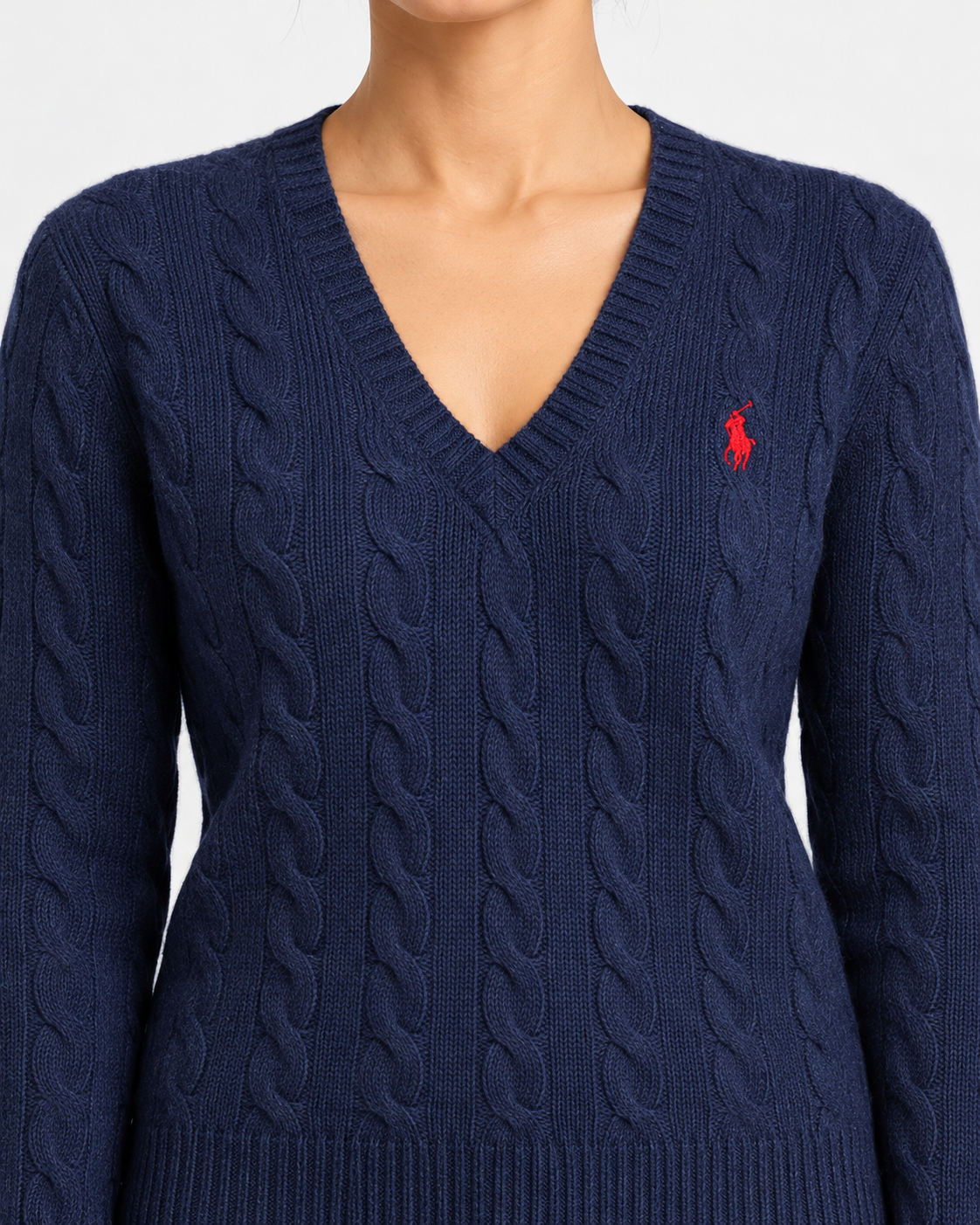 Maglione a collo a V in lana e cashmere a trecce blu