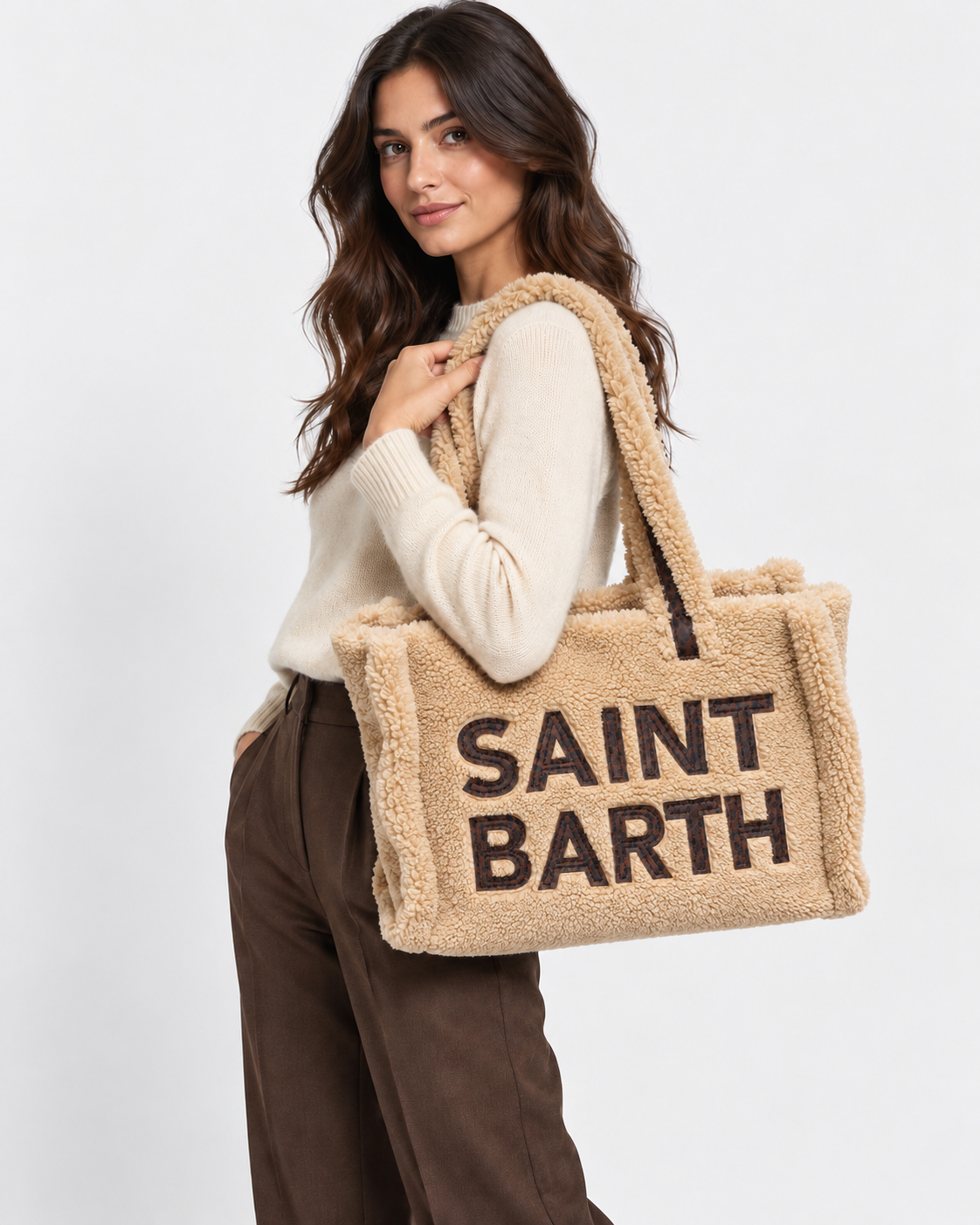 MC2 Saint Barth Borsa Donna Vanity Teddy Beige con Maxi Logo Leopard