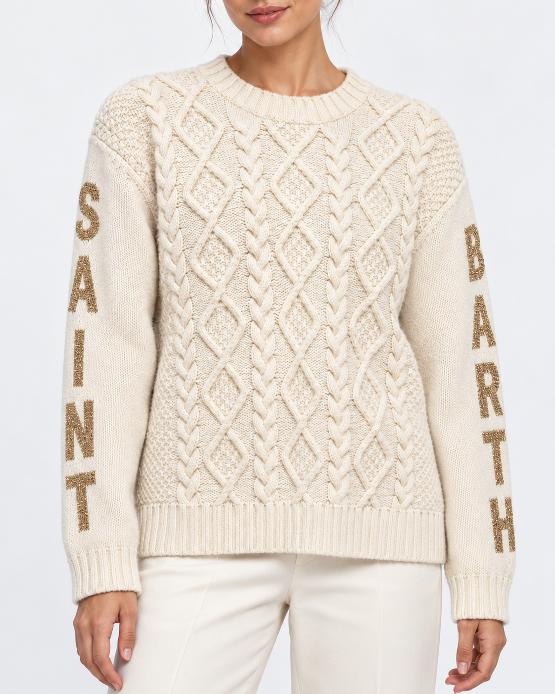 MC2 Saint Barth Maglia Donna Malmo a Trecce Panna in Misto Lana