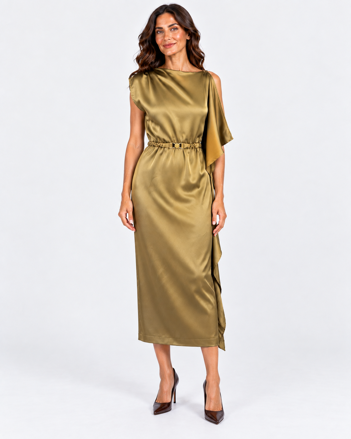 Dixie abito midi donna satinato olio con cintura