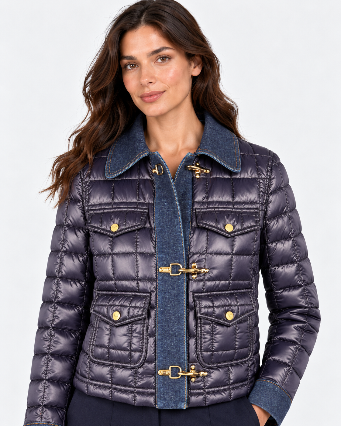 Fay 3 Ganci trapuntato a quadri in tessuto tecnico blue denim