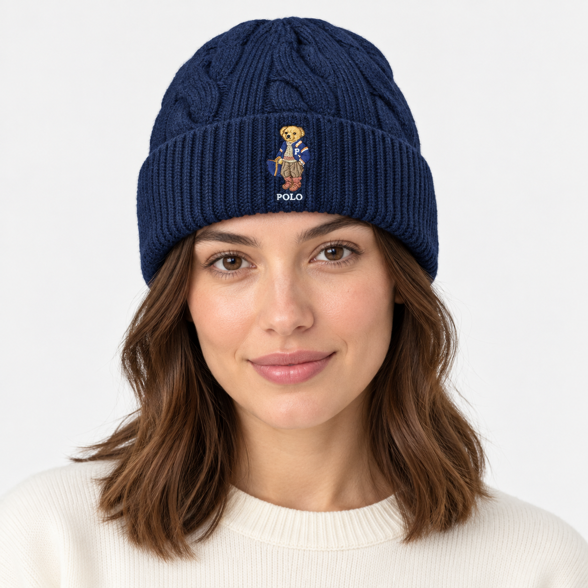Polo Ralph Lauren Berretto Donna Polo Bear a Trecce Blu Navy