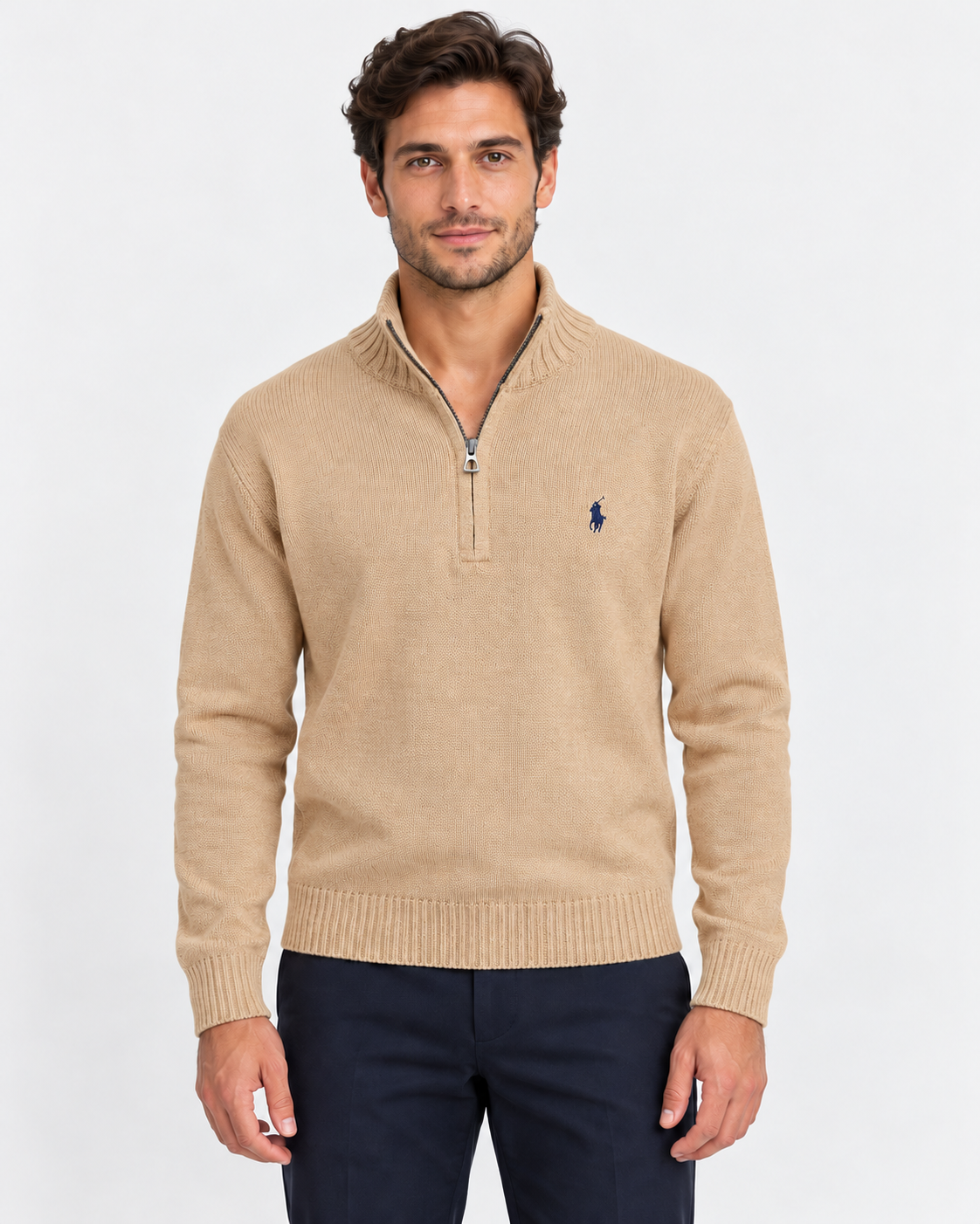 Polo Ralph Lauren Maglione Uomo Mezza Zip in Cotone Brown