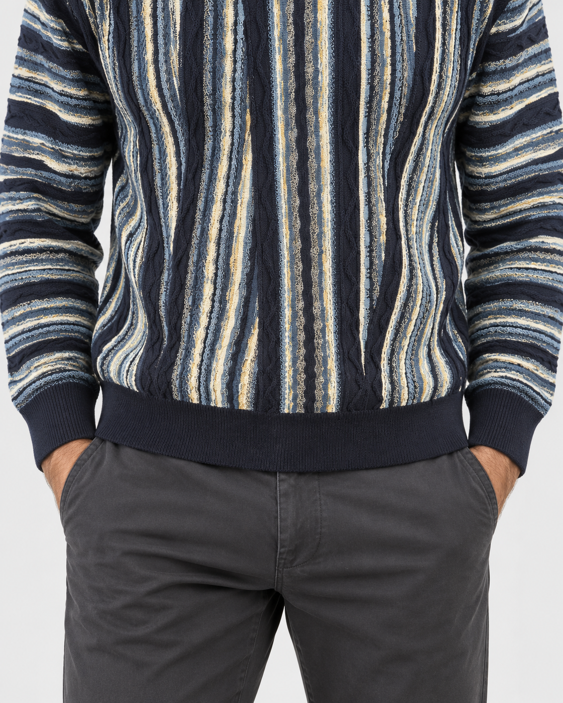 Lorenzoni Maglia girocollo uomo blu a righe azzurre e panna