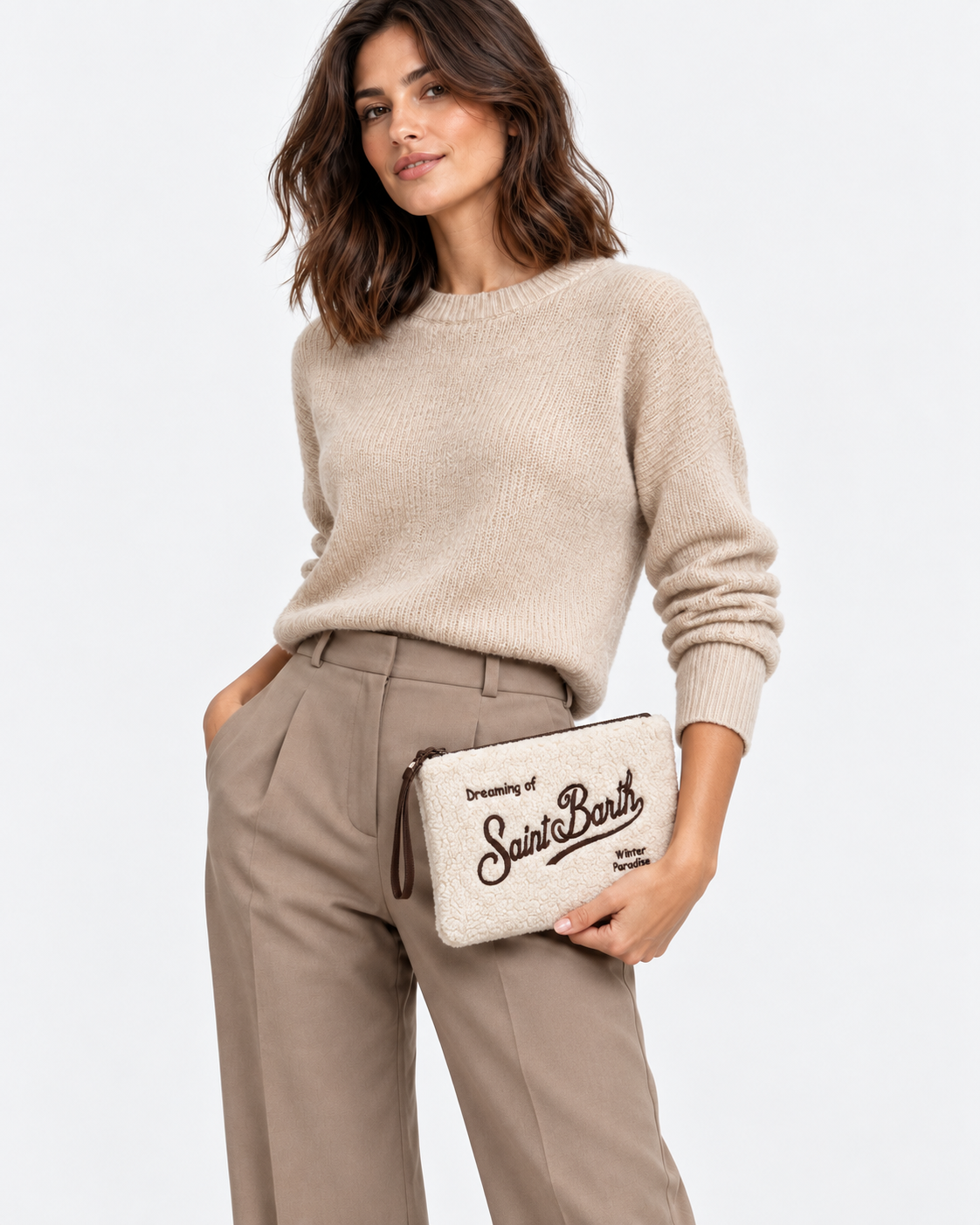 MC2 Saint Barth Pochette Donna Aline Teddy Panna con Ricamo Marrone