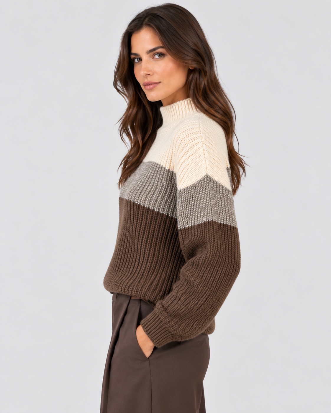 Dixie maglia donna color block collo alto panna tortora marrone