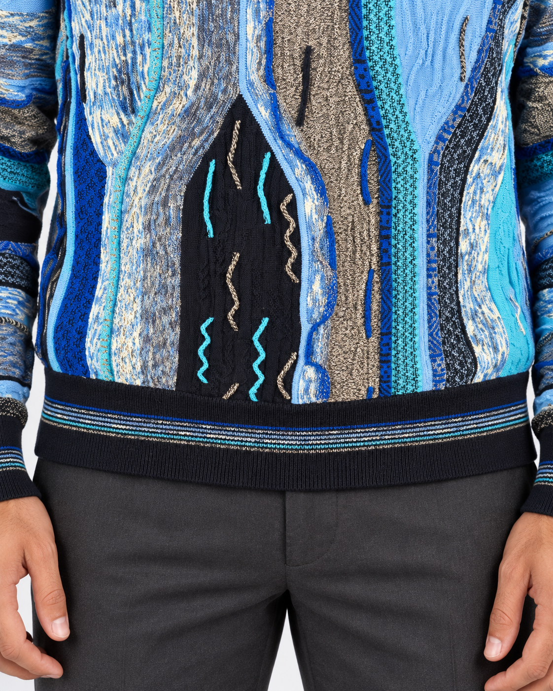 Lorenzoni Maglia girocollo uomo fantasia blu e azzurro in misto lana