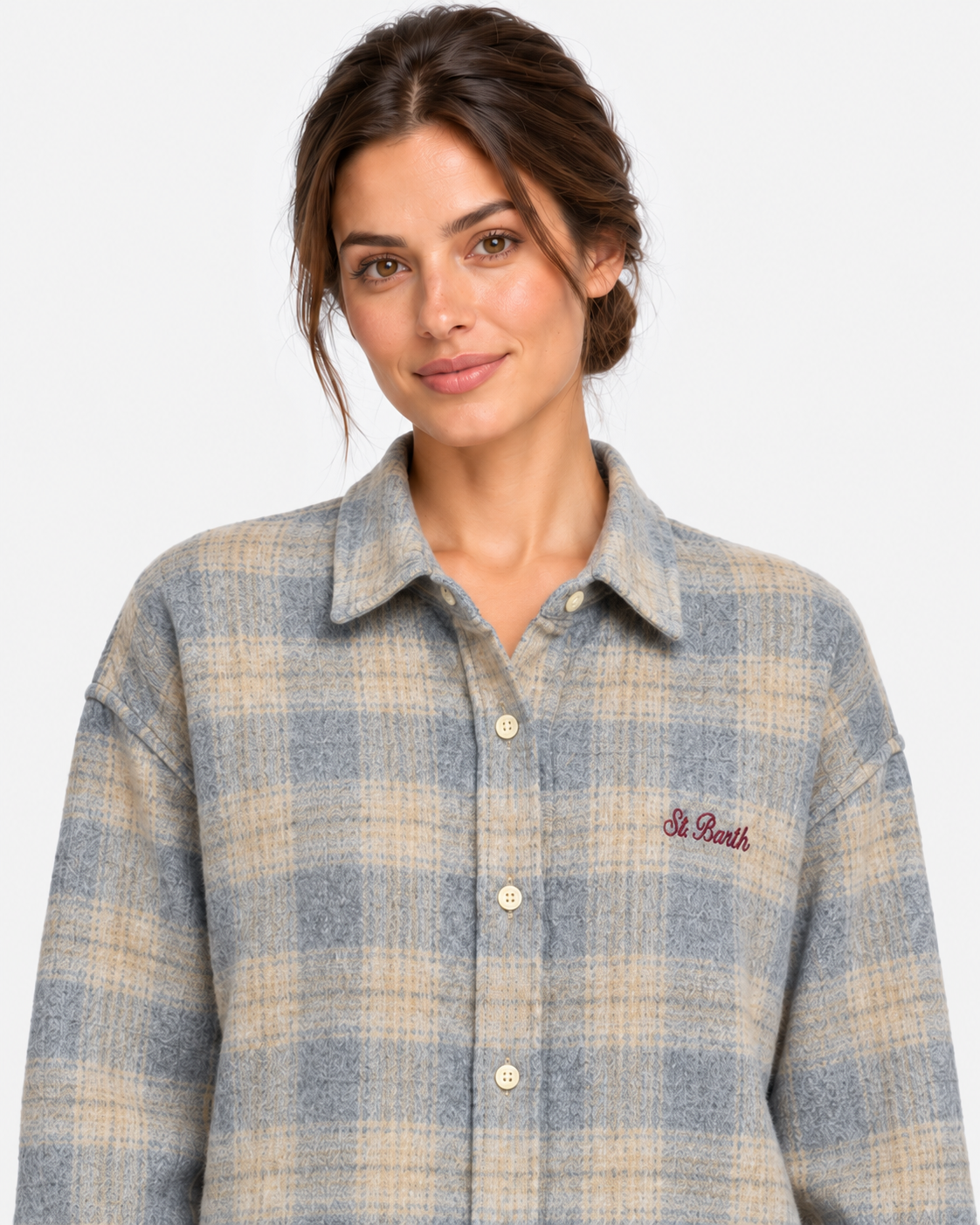 MC2 Saint Barth Camicia Donna Lully Snoopy Tartan Grigio e Beige