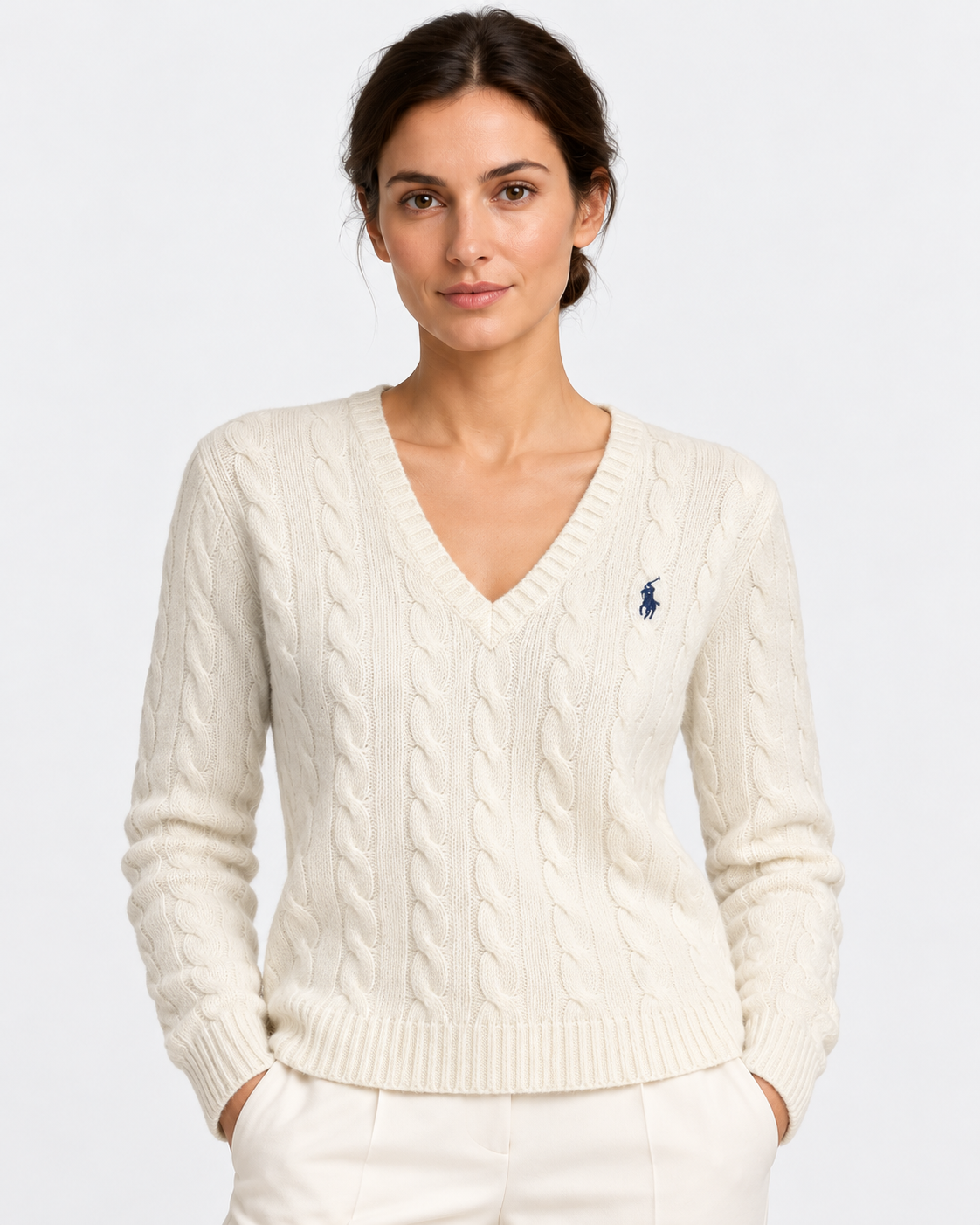 Maglione a collo a V in lana e cashmere a trecce bianco