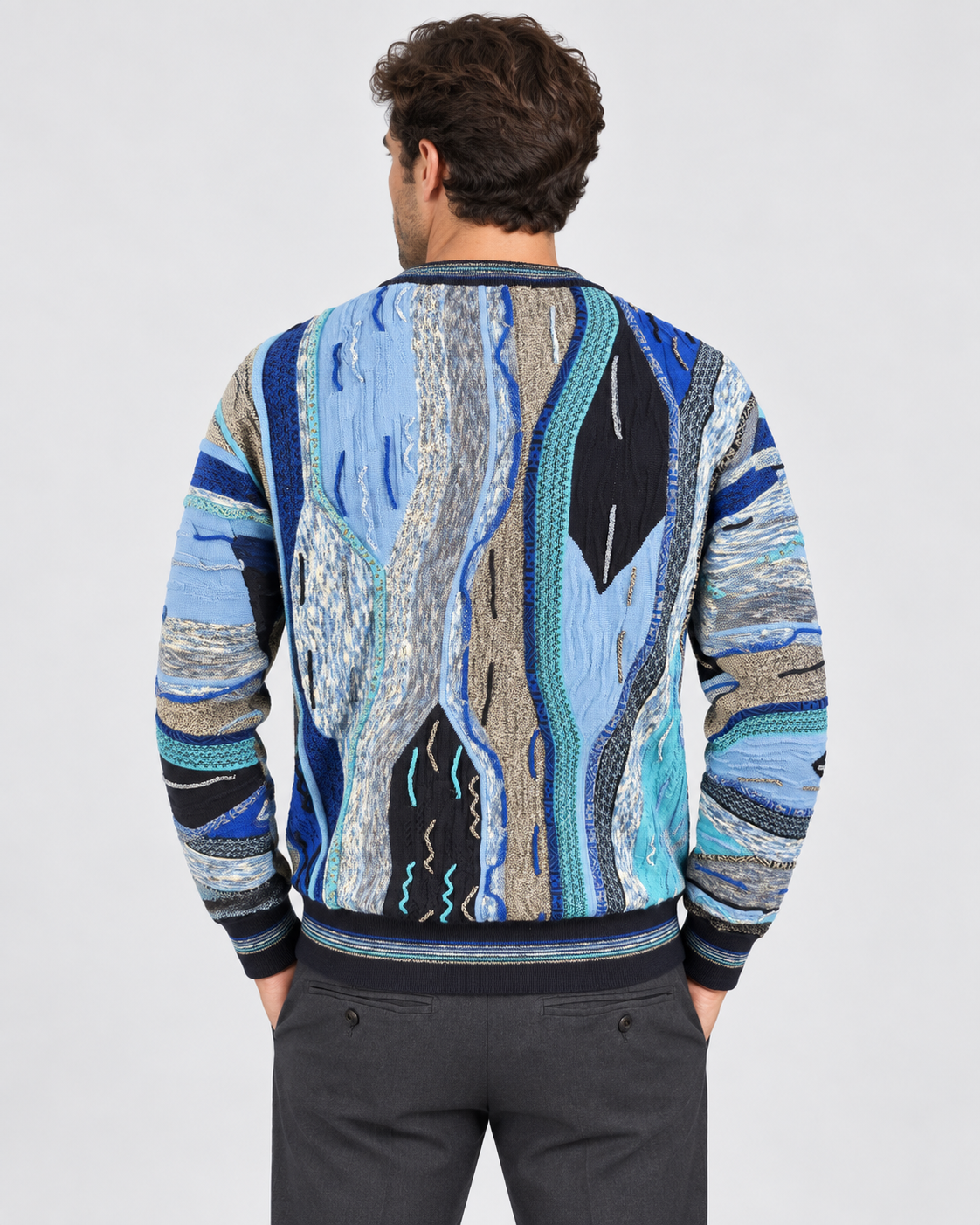 Lorenzoni Maglia girocollo uomo fantasia blu e azzurro in misto lana