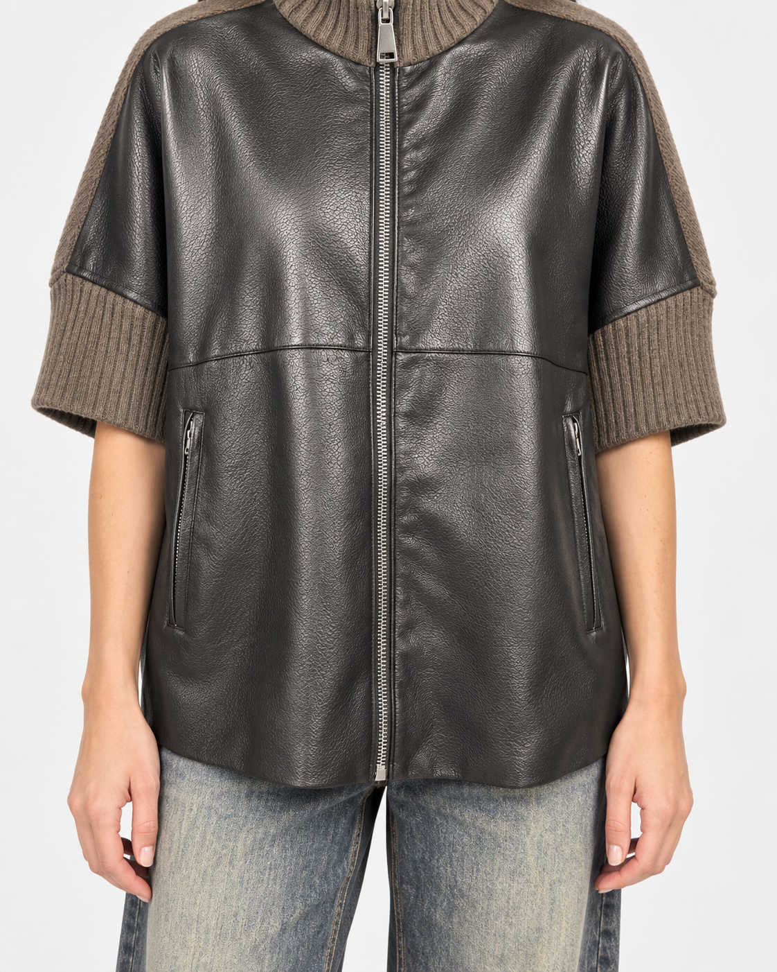 Dixie giubbotto donna in ecopelle marrone e maglia tortora