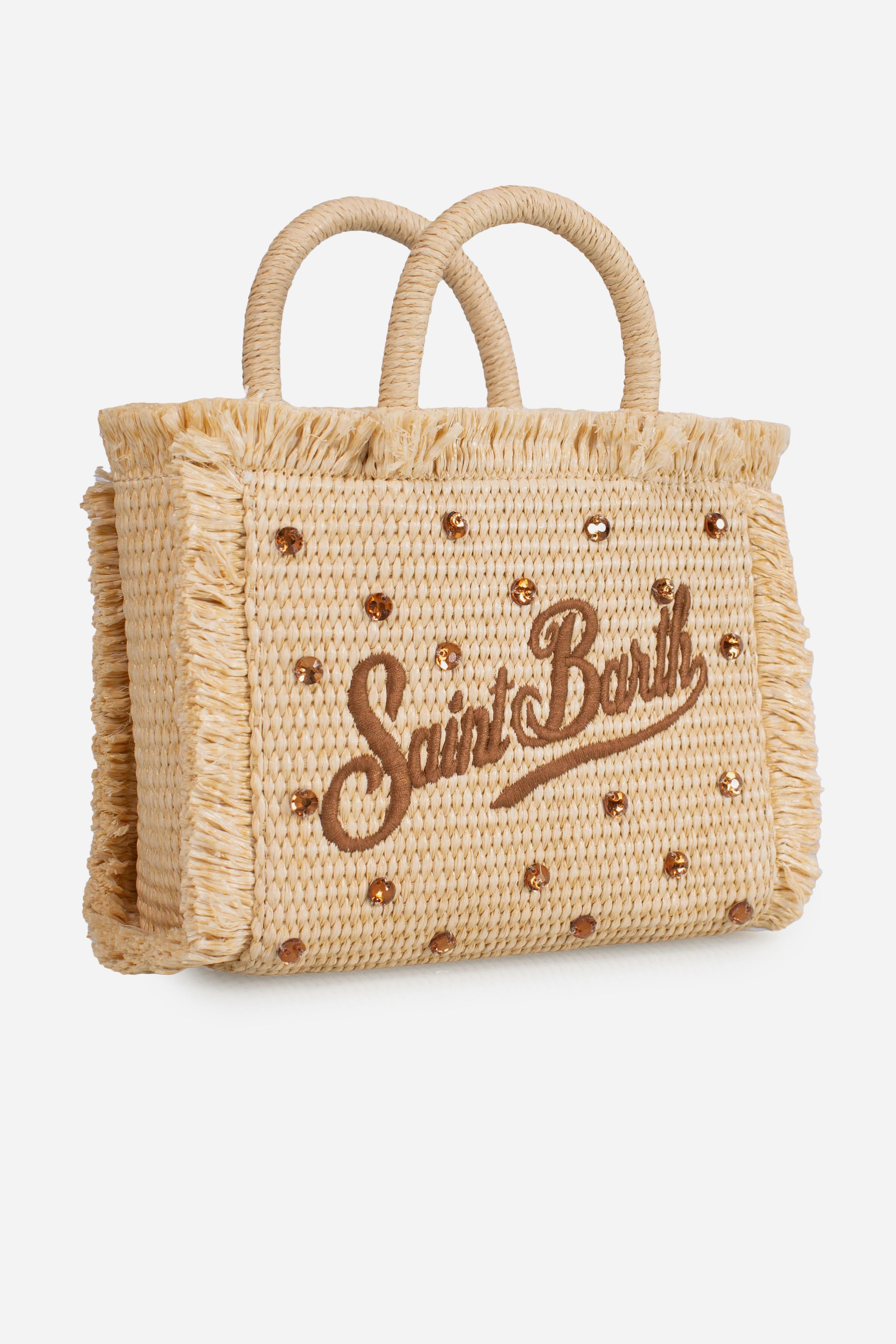 Borsa Mini Vanity effetto paglia con decorazioni in strass