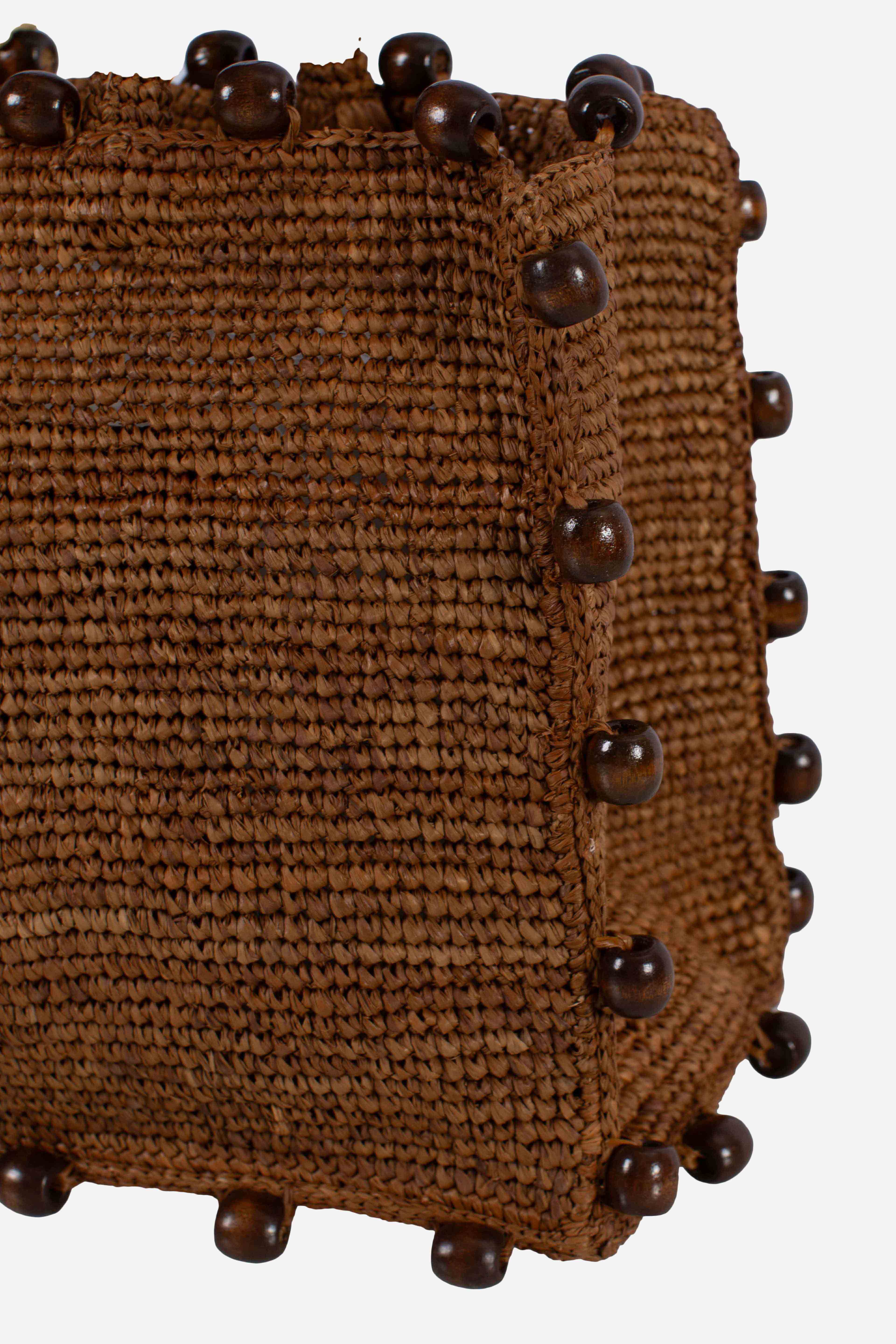 Borsa Colette in rafia marrone con perline e logo ricamato