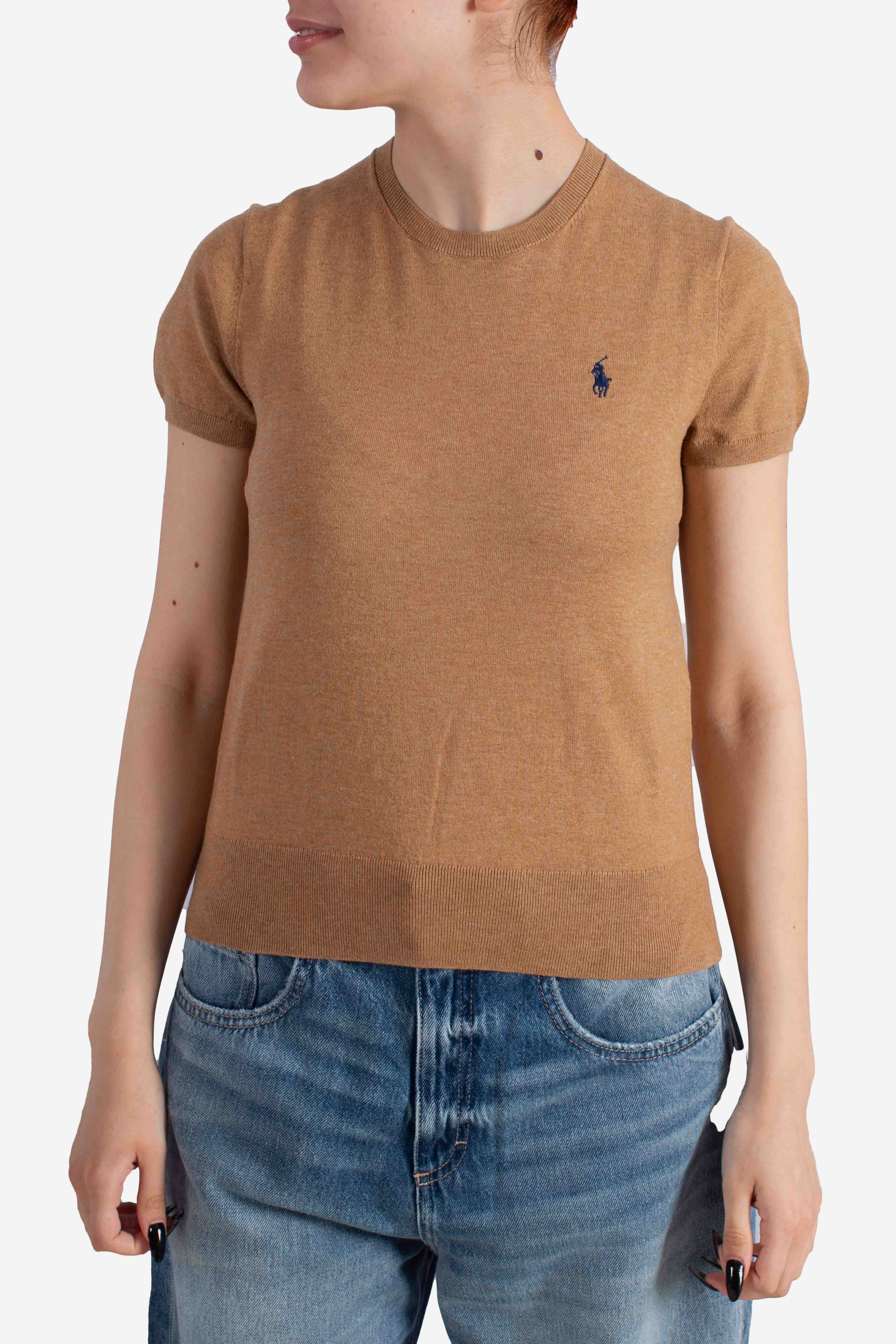 Maglione girocollo a maniche corte camel