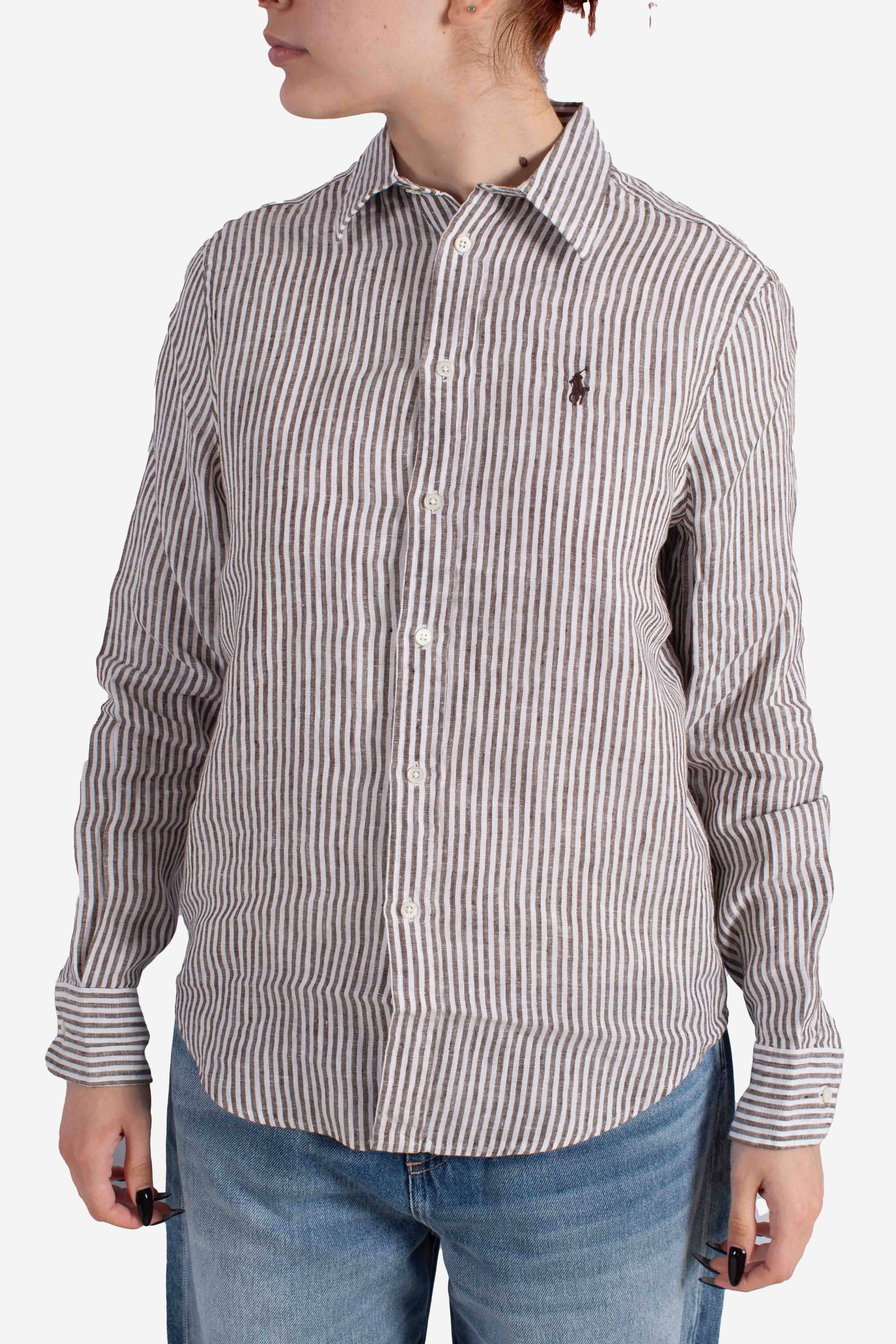 Camicia in lino classic fit a righe white brown